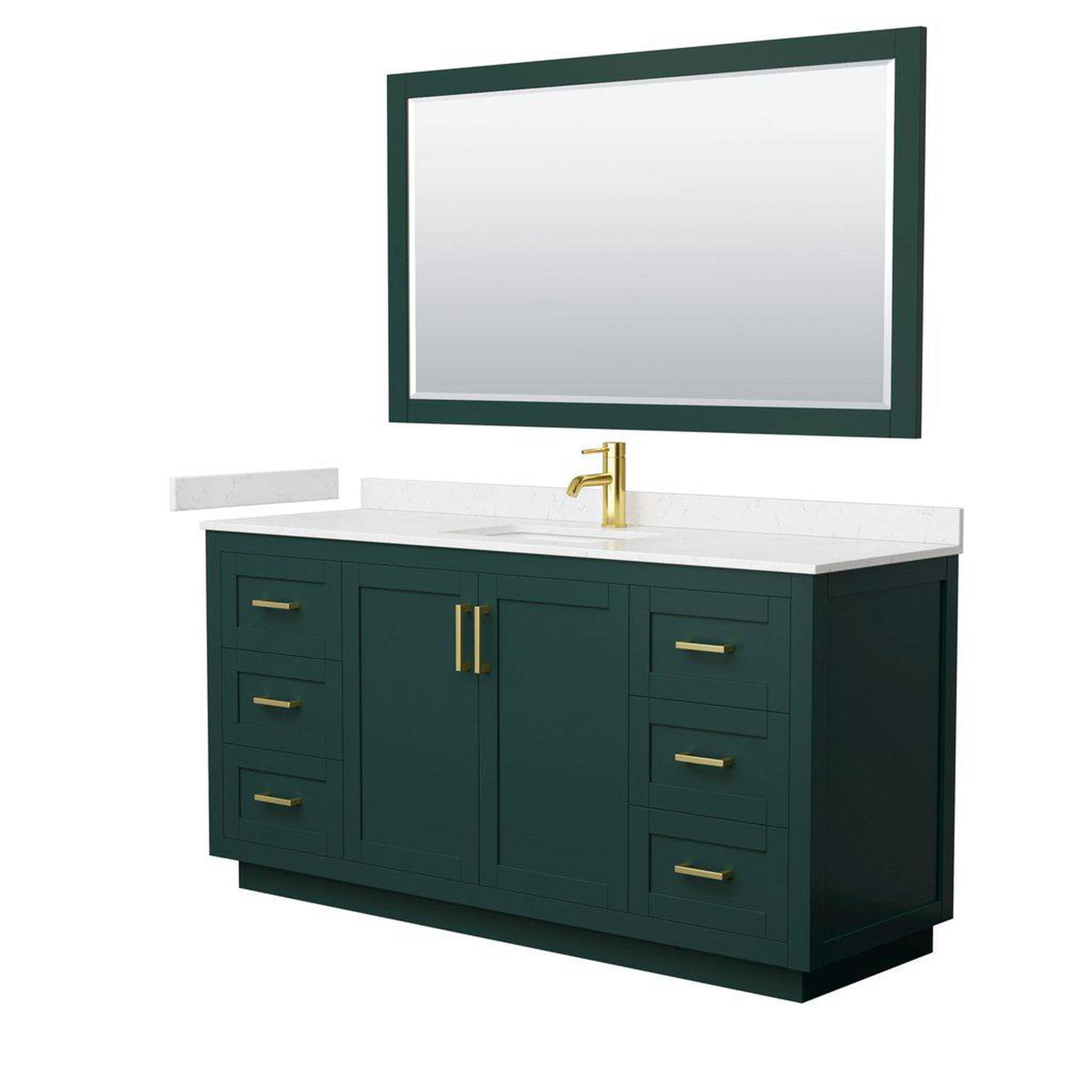 Wyndham Collection, Wyndham Collection Miranda 66" Single Bathroom Green Vanity Set With Light-Vein Carrara Cultured Marble Countertop, Undermount Square Sink, 58" Mirror And Brushed Gold Trim