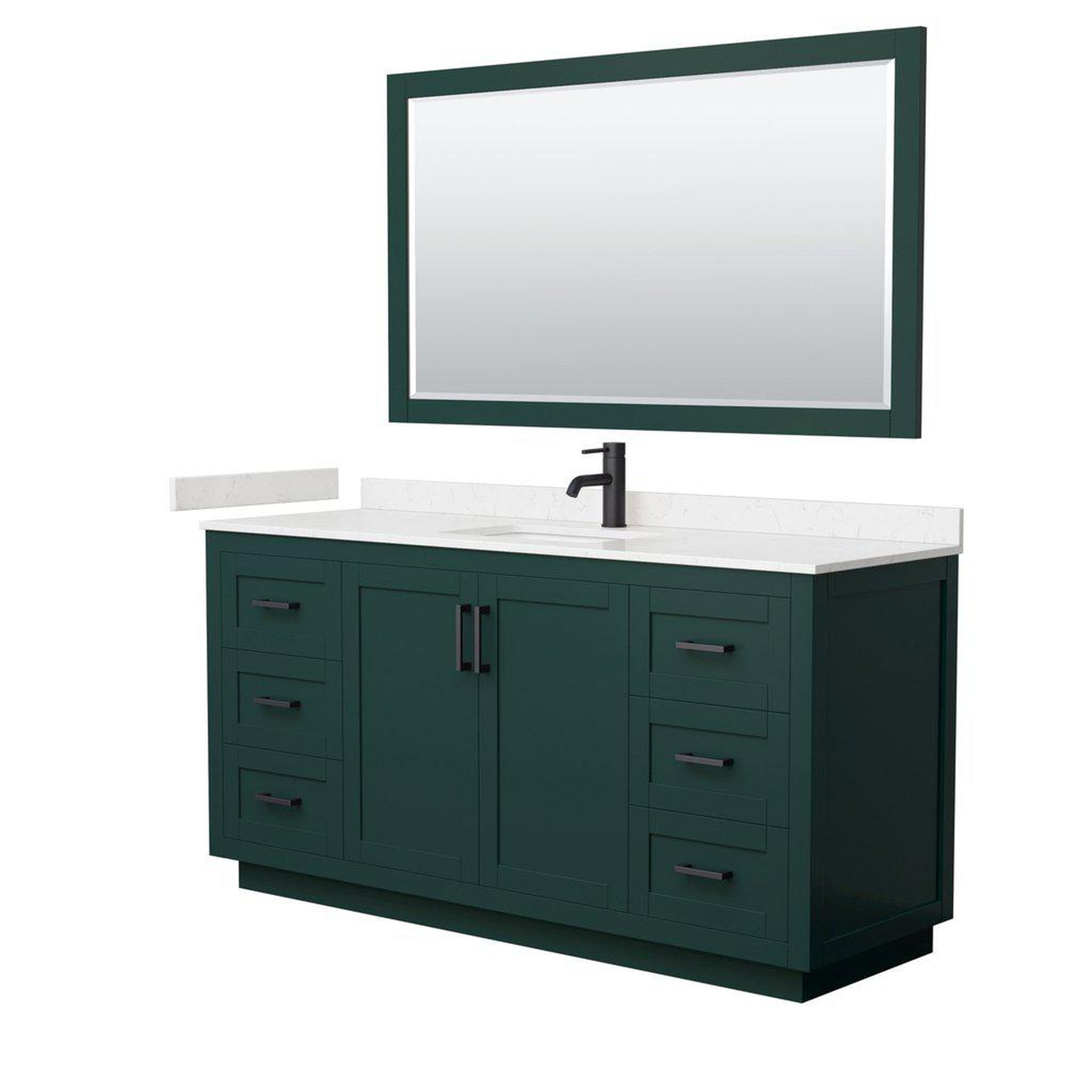 Wyndham Collection, Wyndham Collection Miranda 66" Single Bathroom Green Vanity Set With Light-Vein Carrara Cultured Marble Countertop, Undermount Square Sink, 58" Mirror And Matte Black Trim