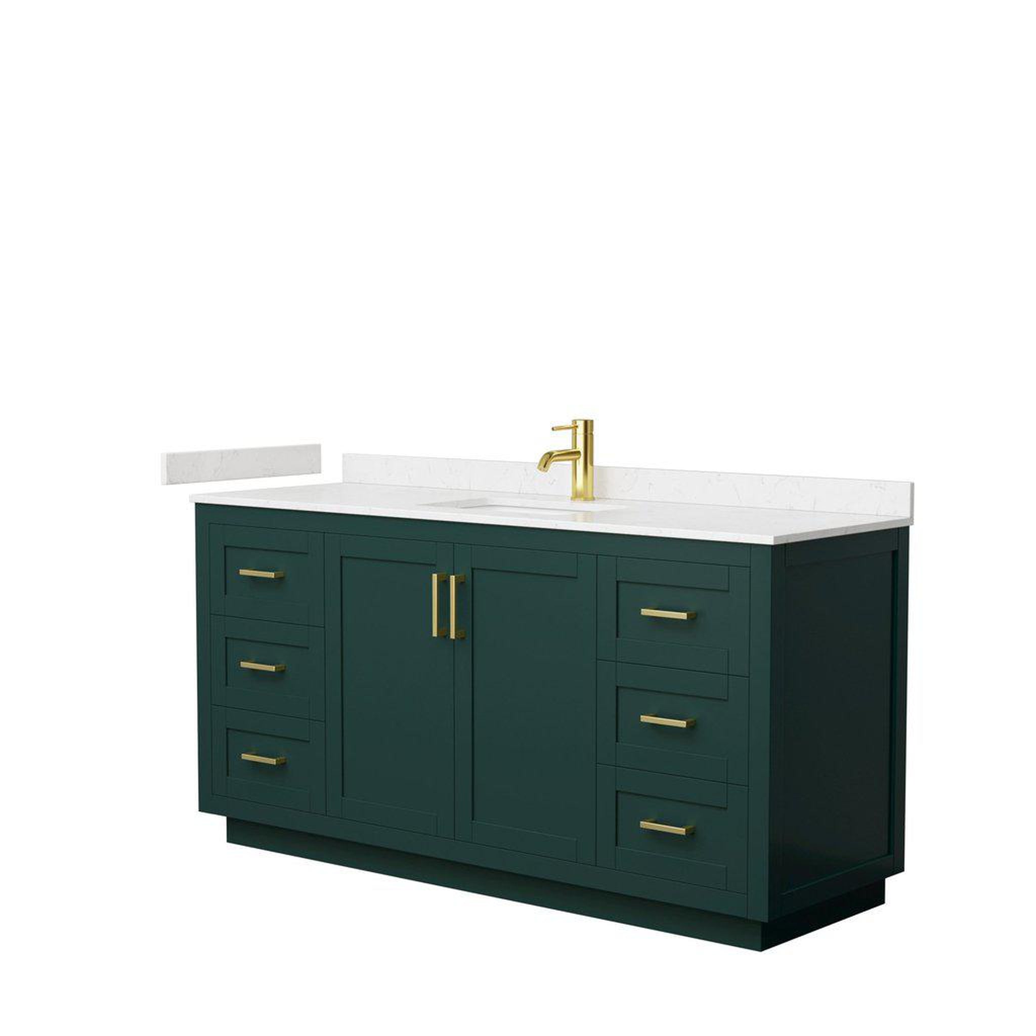 Wyndham Collection, Wyndham Collection Miranda 66" Single Bathroom Green Vanity Set With Light-Vein Carrara Cultured Marble Countertop, Undermount Square Sink, And Brushed Gold Trim