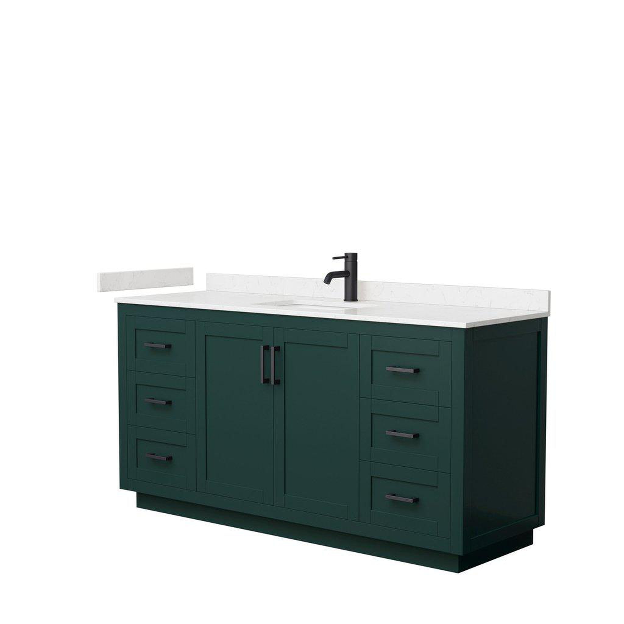 Wyndham Collection, Wyndham Collection Miranda 66" Single Bathroom Green Vanity Set With Light-Vein Carrara Cultured Marble Countertop, Undermount Square Sink, And Matte Black Trim