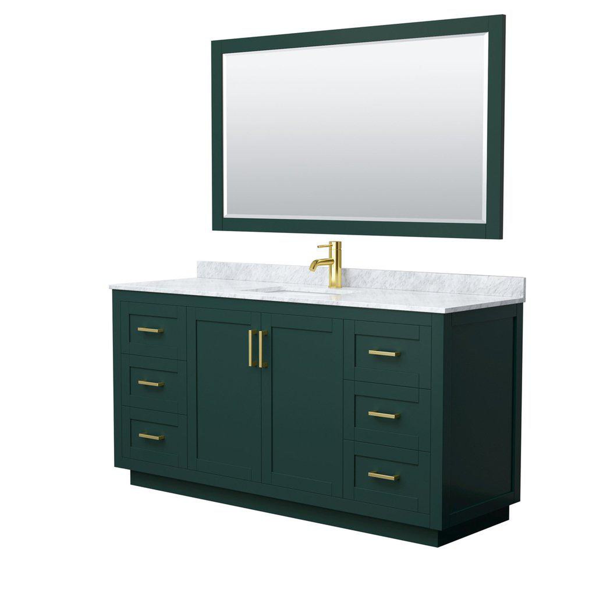 Wyndham Collection, Wyndham Collection Miranda 66" Single Bathroom Green Vanity Set With White Carrara Marble Countertop, Undermount Square Sink, 58" Mirror And Brushed Gold Trim