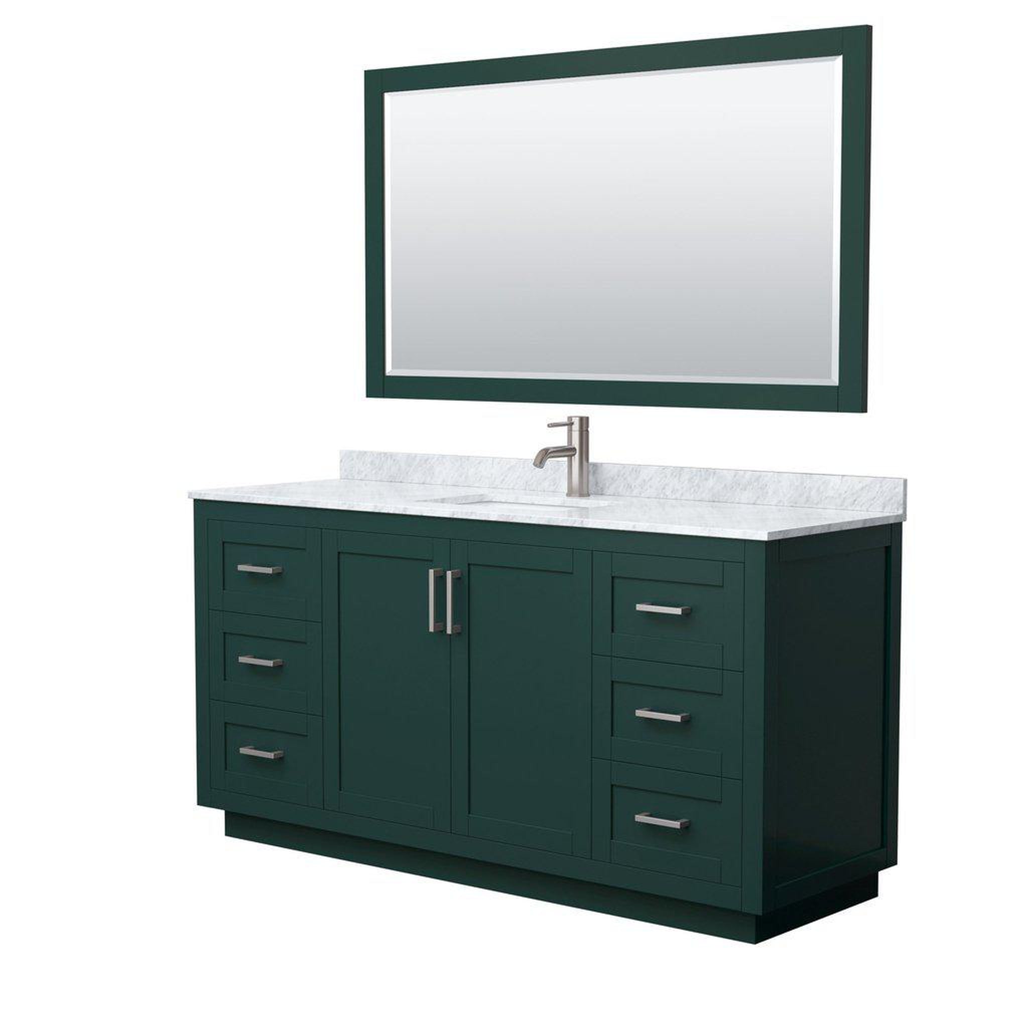 Wyndham Collection, Wyndham Collection Miranda 66" Single Bathroom Green Vanity Set With White Carrara Marble Countertop, Undermount Square Sink, 58" Mirror And Brushed Nickel Trim