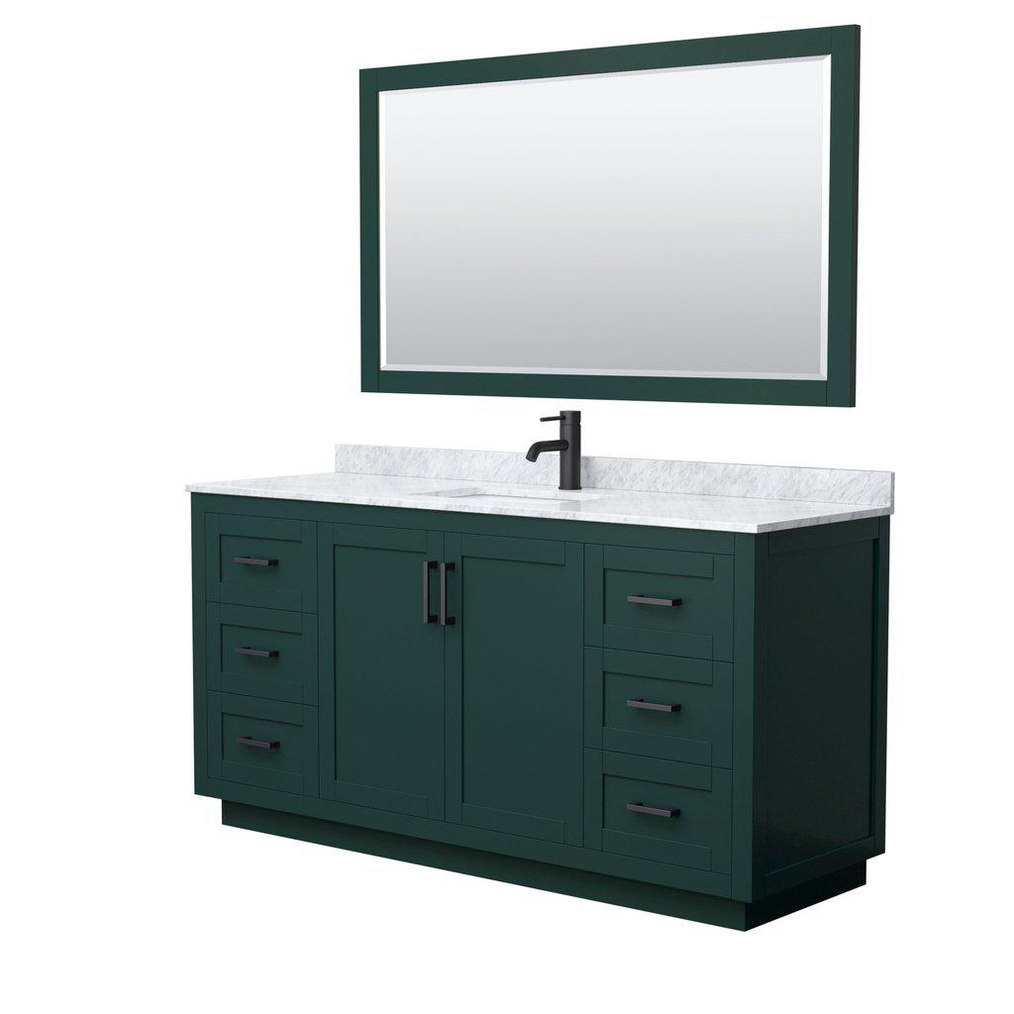 Wyndham Collection, Wyndham Collection Miranda 66" Single Bathroom Green Vanity Set With White Carrara Marble Countertop, Undermount Square Sink, 58" Mirror And Matte Black Trim