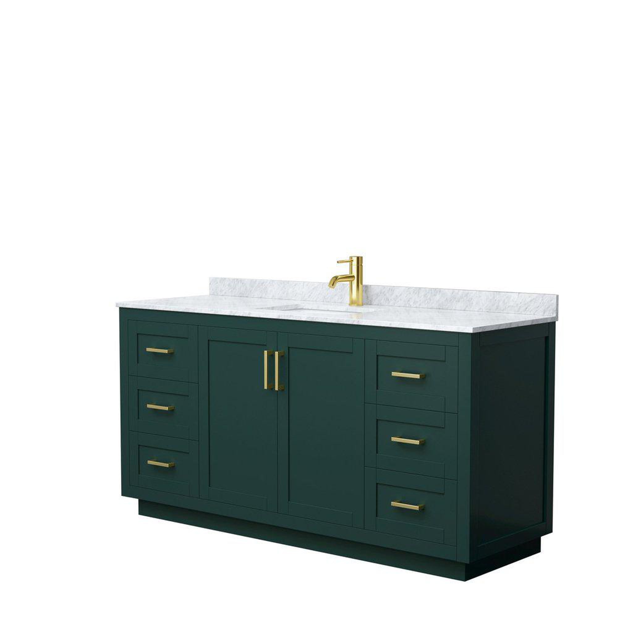 Wyndham Collection, Wyndham Collection Miranda 66" Single Bathroom Green Vanity Set With White Carrara Marble Countertop, Undermount Square Sink, And Brushed Gold Trim