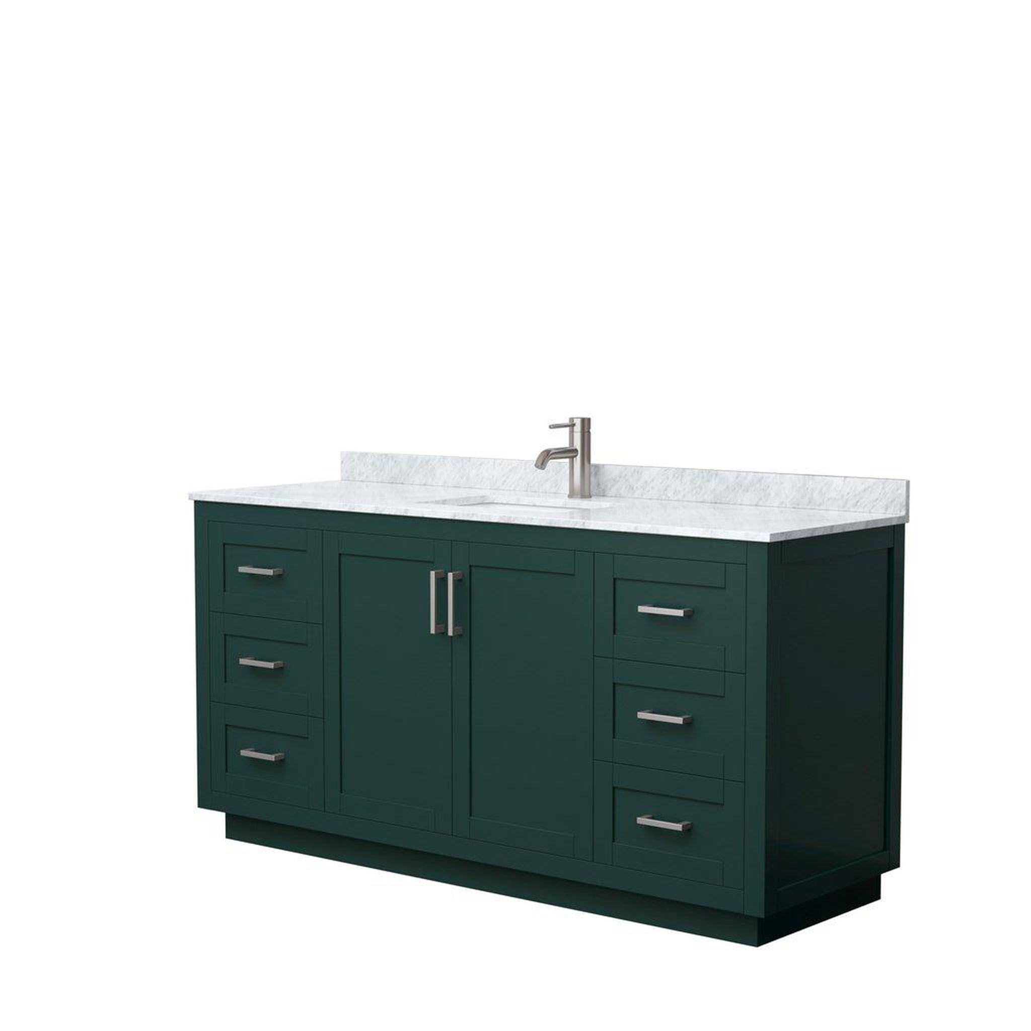 Wyndham Collection, Wyndham Collection Miranda 66" Single Bathroom Green Vanity Set With White Carrara Marble Countertop, Undermount Square Sink, And Brushed Nickel Trim