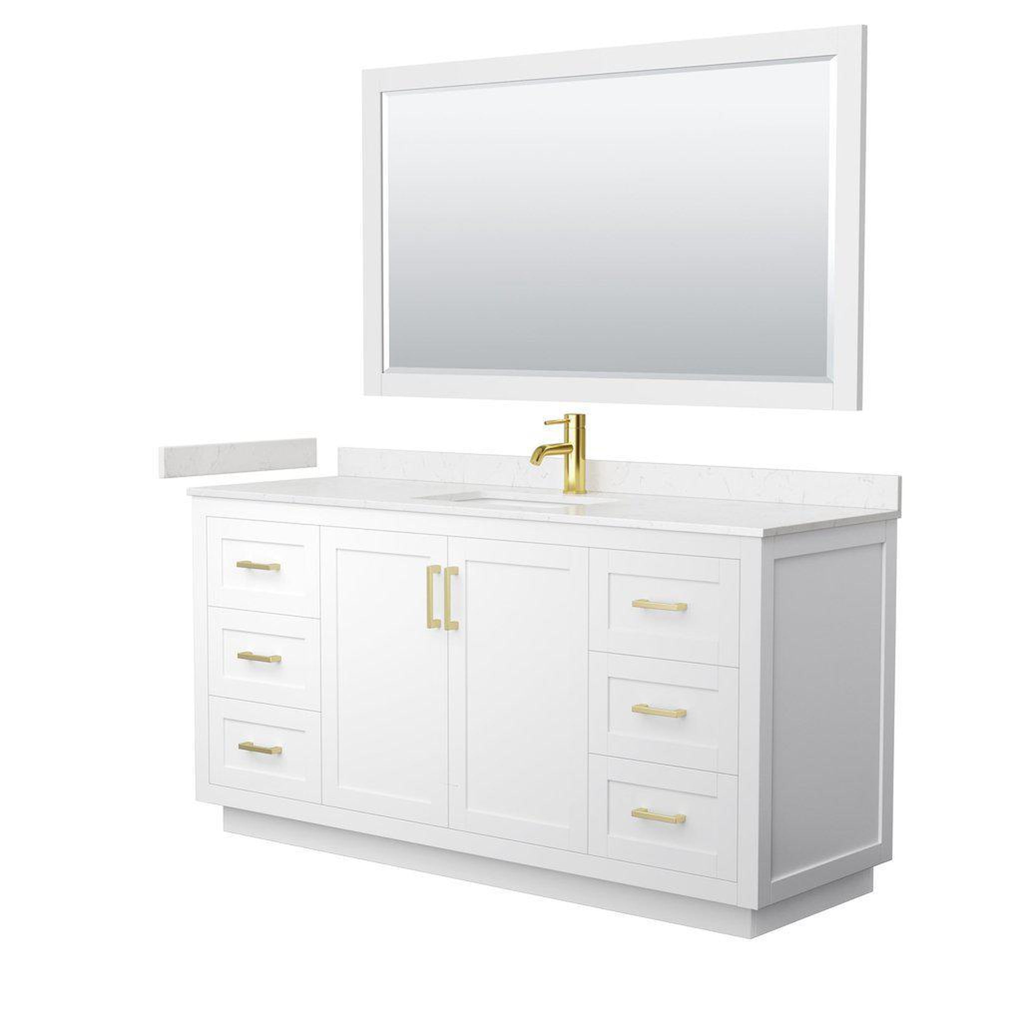 Wyndham Collection, Wyndham Collection Miranda 66" Single Bathroom White Vanity Set With Light-Vein Carrara Cultured Marble Countertop, Undermount Square Sink, 58" Mirror And Brushed Gold Trim