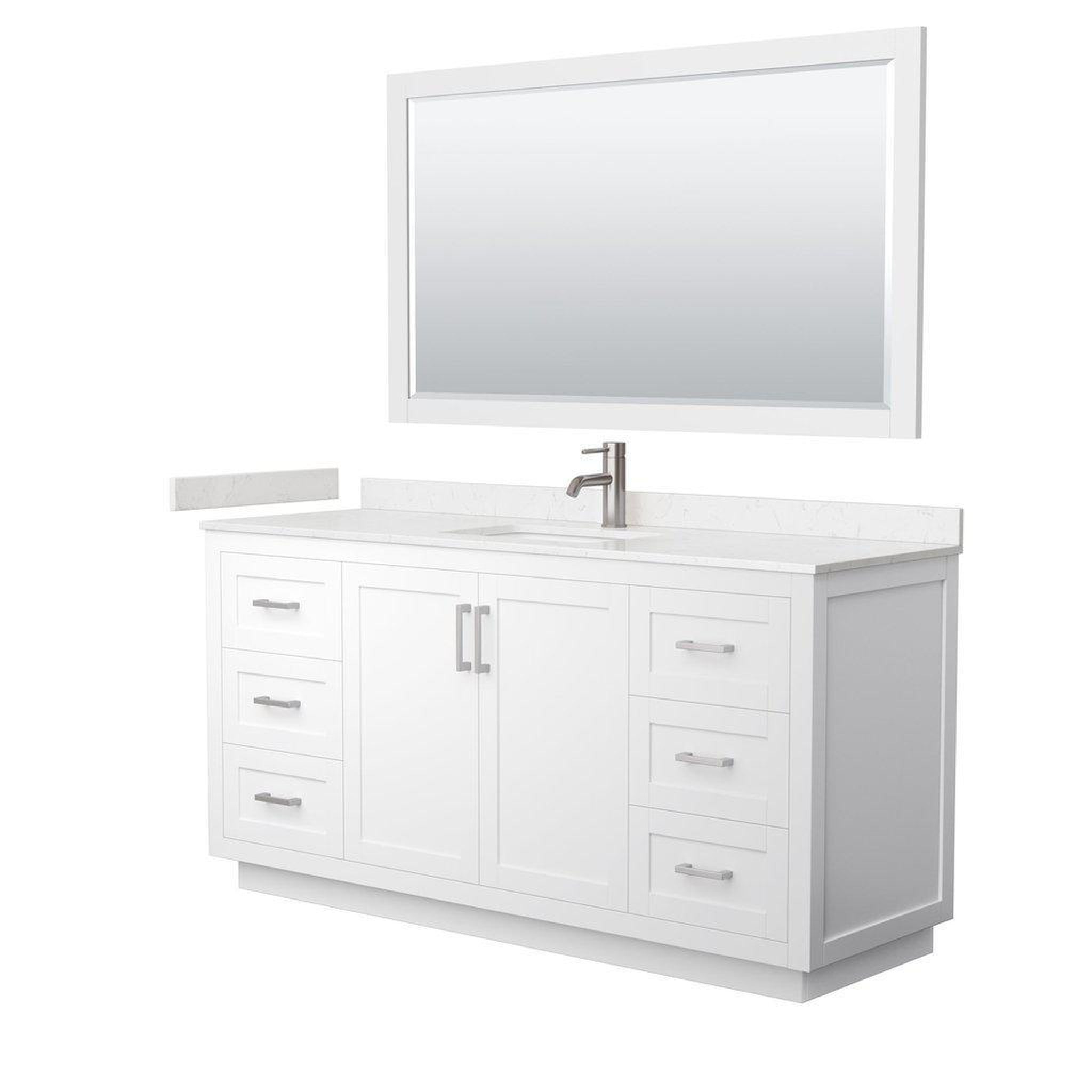 Wyndham Collection, Wyndham Collection Miranda 66" Single Bathroom White Vanity Set With Light-Vein Carrara Cultured Marble Countertop, Undermount Square Sink, 58" Mirror And Brushed Nickel Trim