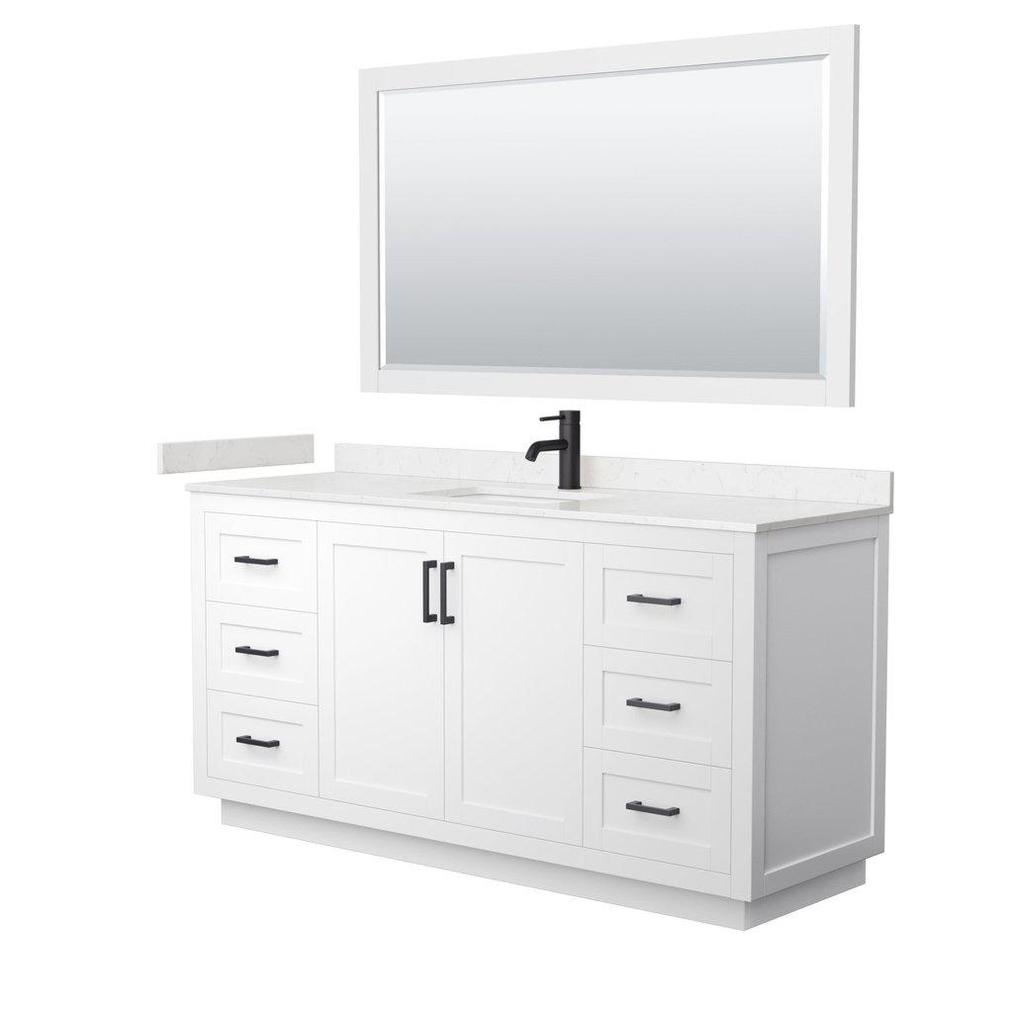 Wyndham Collection, Wyndham Collection Miranda 66" Single Bathroom White Vanity Set With Light-Vein Carrara Cultured Marble Countertop, Undermount Square Sink, 58" Mirror And Matte Black Trim