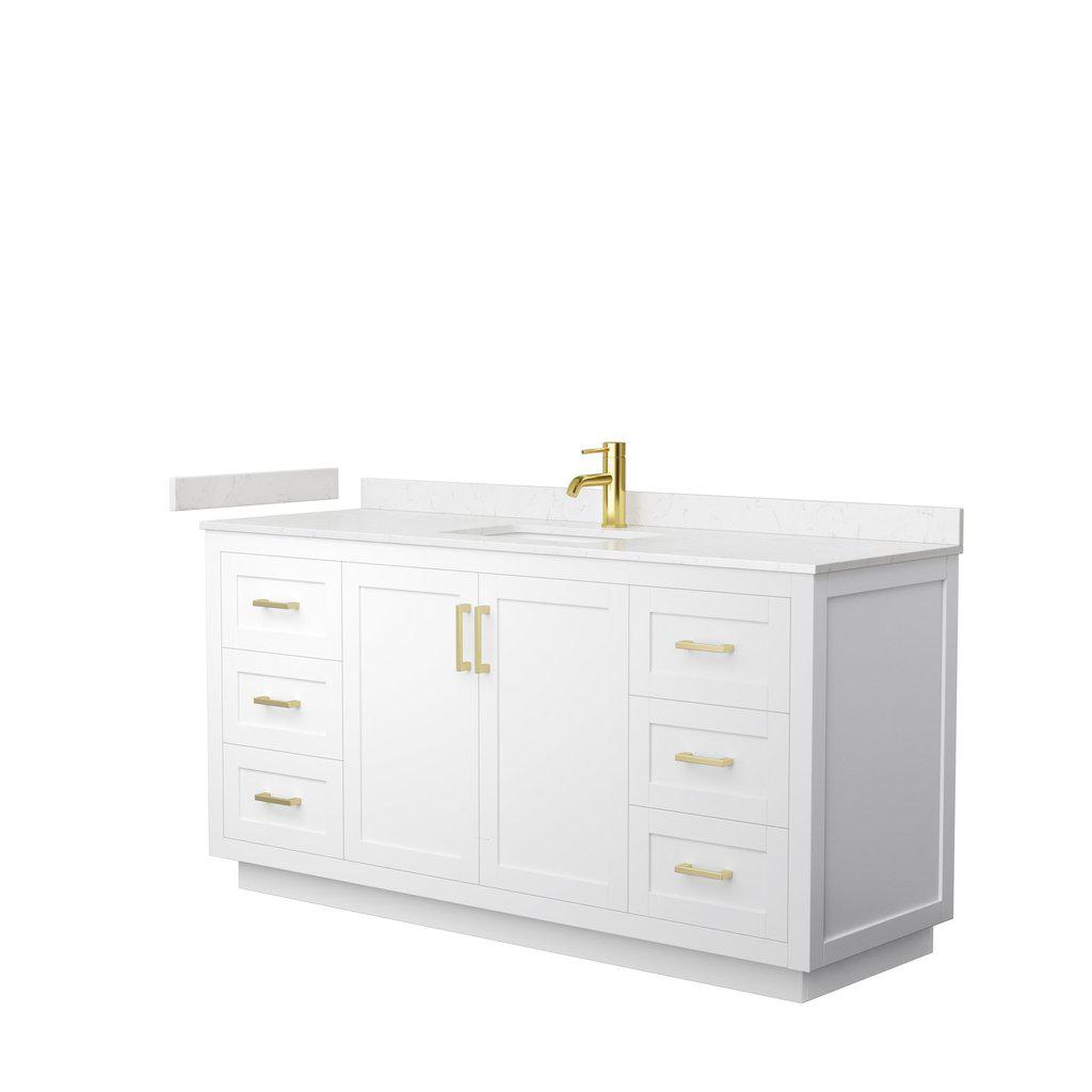 Wyndham Collection, Wyndham Collection Miranda 66" Single Bathroom White Vanity Set With Light-Vein Carrara Cultured Marble Countertop, Undermount Square Sink, And Brushed Gold Trim