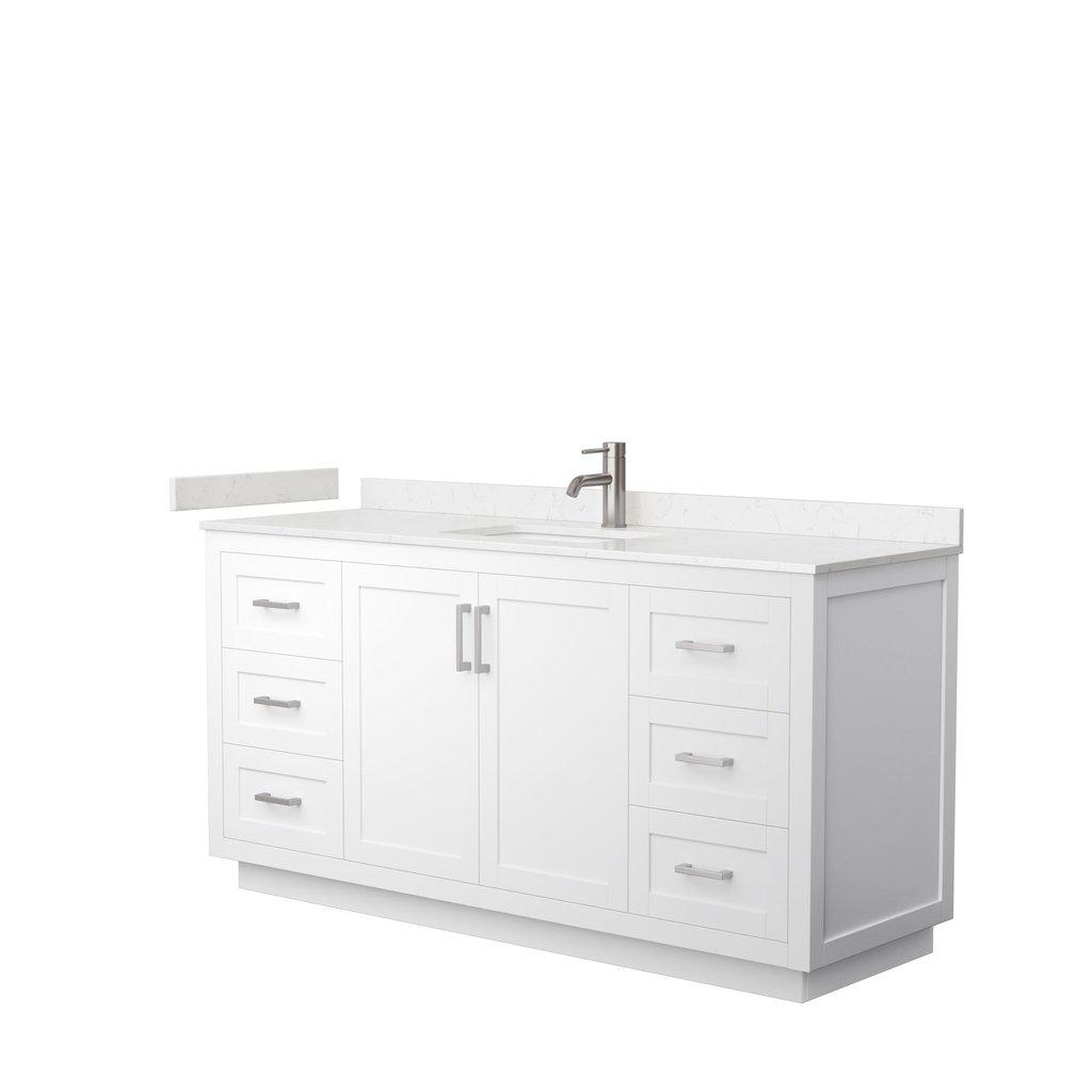 Wyndham Collection, Wyndham Collection Miranda 66" Single Bathroom White Vanity Set With Light-Vein Carrara Cultured Marble Countertop, Undermount Square Sink, And Brushed Nickel Trim