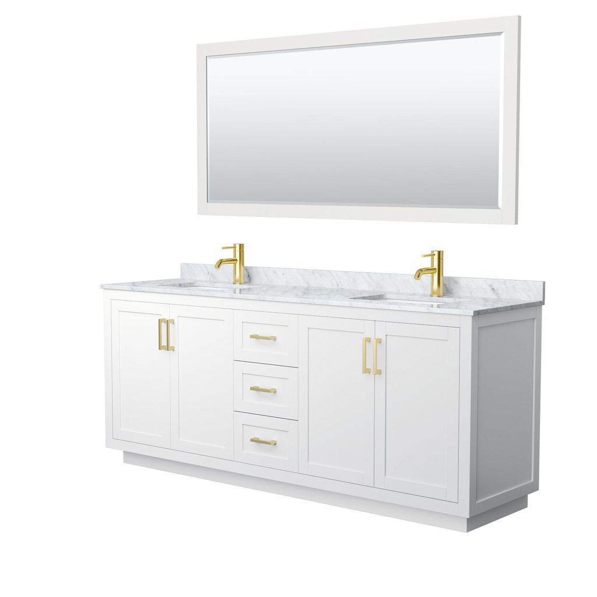 Wyndham Collection, Wyndham Collection Miranda 80" Double Bathroom White Vanity Set With White Carrara Marble Countertop, Undermount Square Sink, 70" Mirror And Brushed Gold Trim