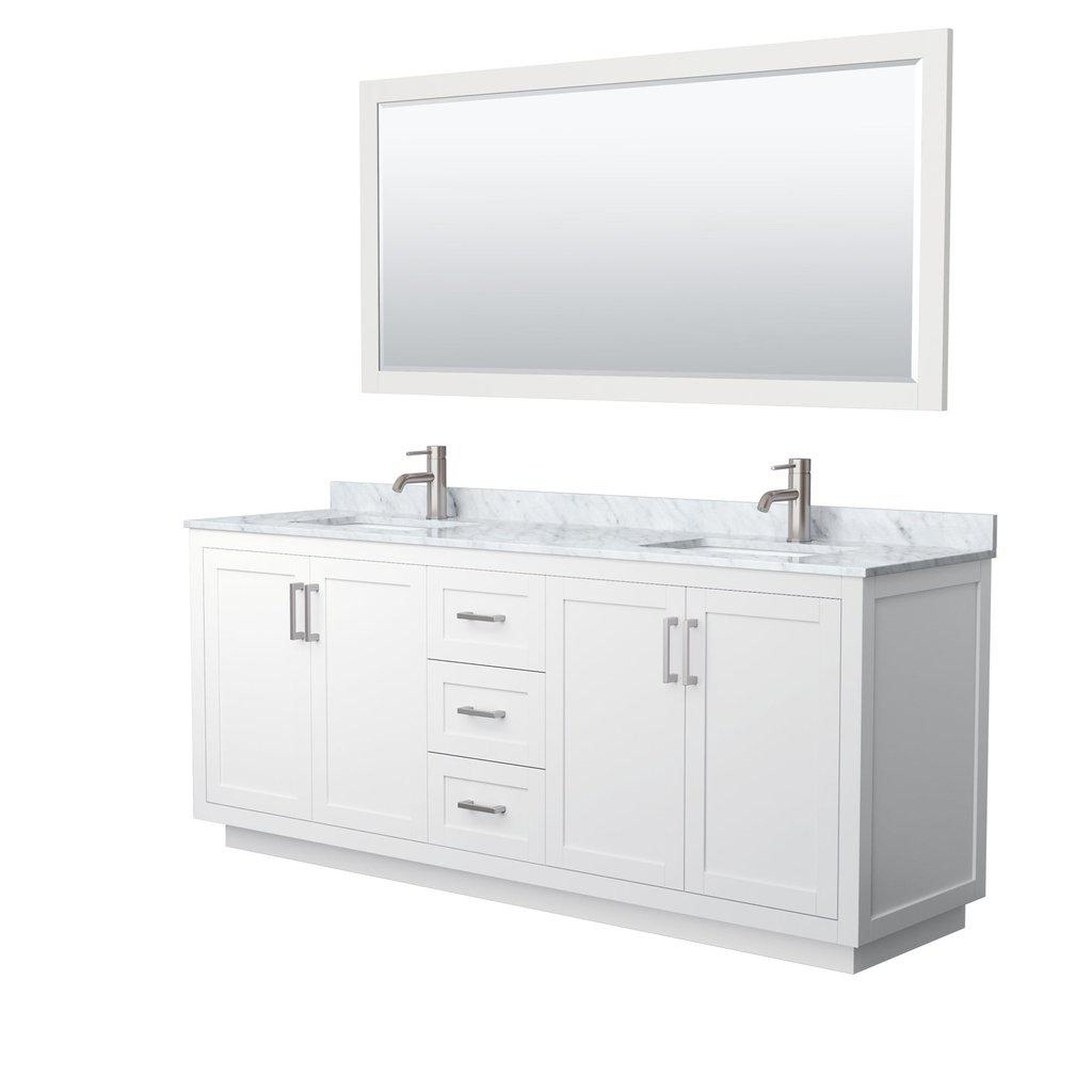 Wyndham Collection, Wyndham Collection Miranda 80" Double Bathroom White Vanity Set With White Carrara Marble Countertop, Undermount Square Sink, 70" Mirror And Brushed Nickel Trim