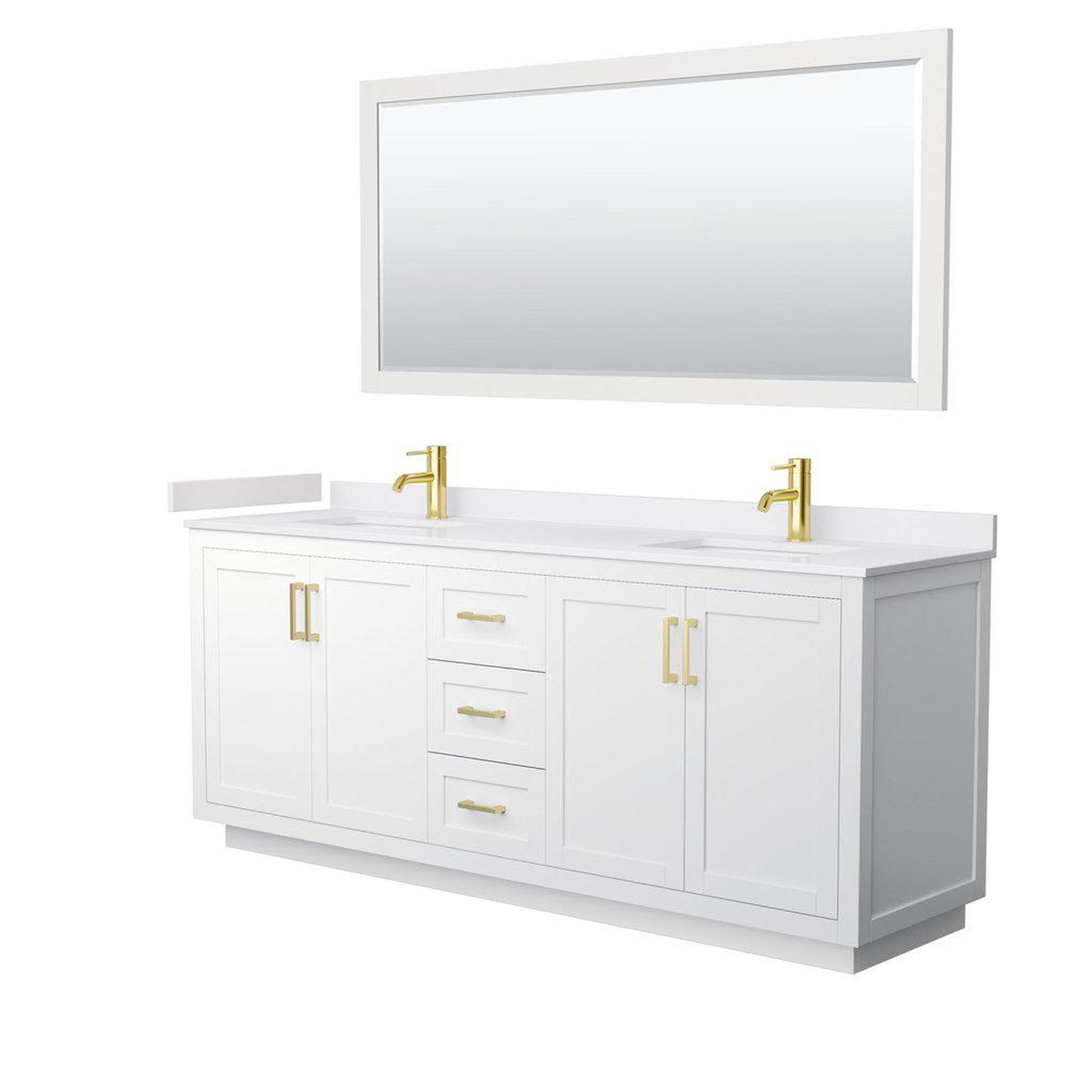 Wyndham Collection, Wyndham Collection Miranda 80" Double Bathroom White Vanity Set With White Cultured Marble Countertop, Undermount Square Sink, 70" Mirror And Brushed Gold Trim