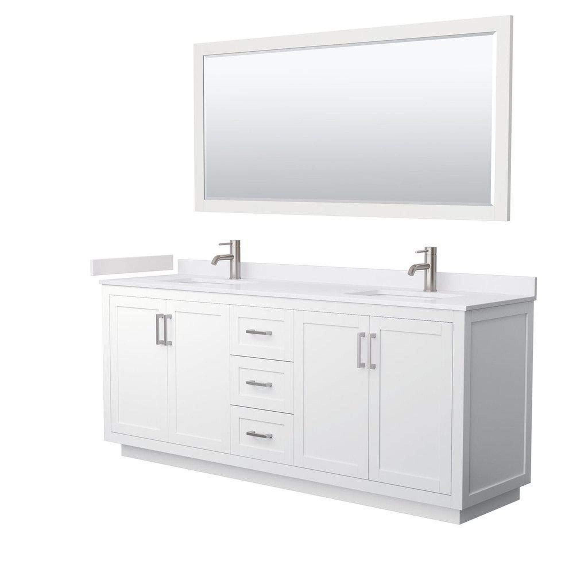 Wyndham Collection, Wyndham Collection Miranda 80" Double Bathroom White Vanity Set With White Cultured Marble Countertop, Undermount Square Sink, 70" Mirror And Brushed Nickel Trim