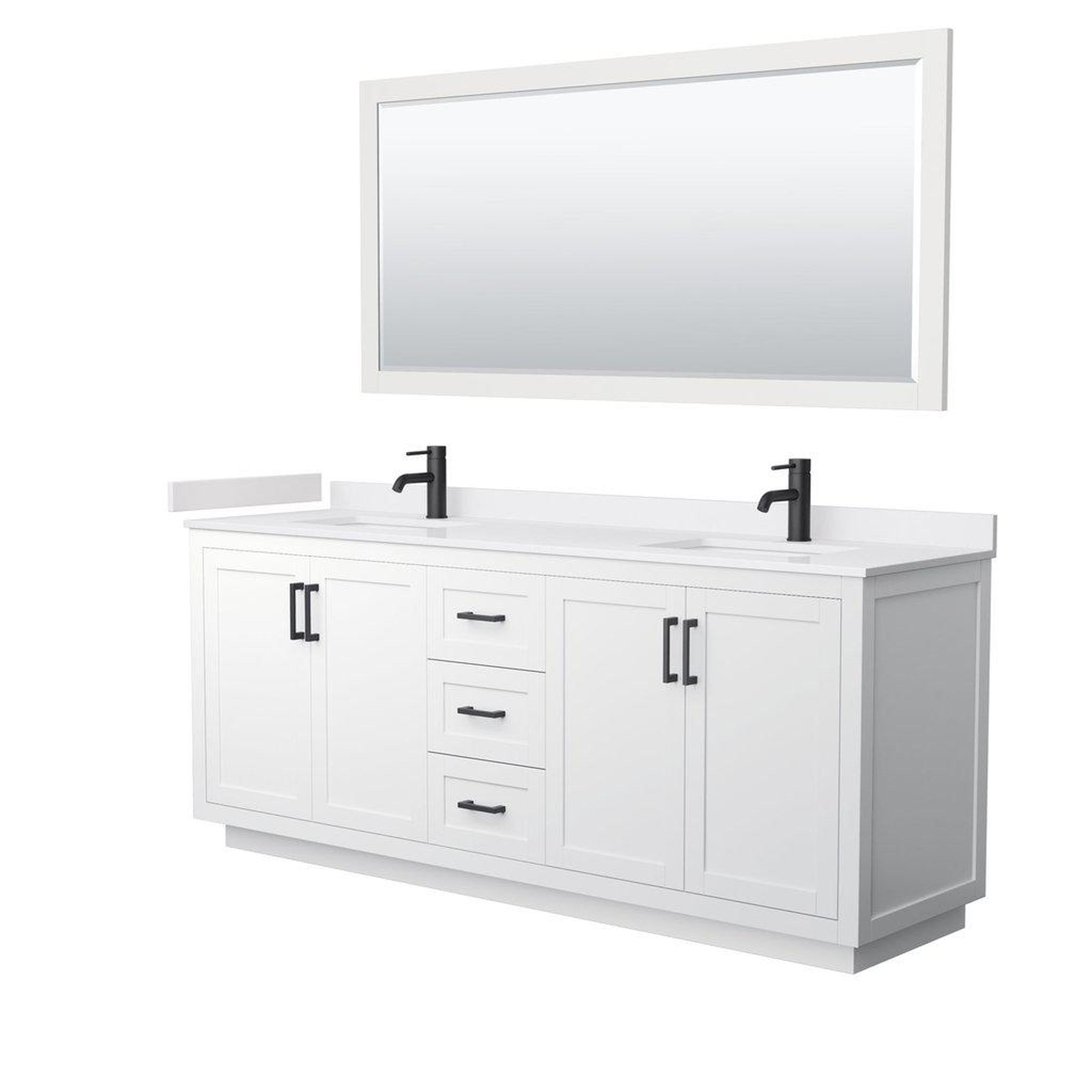 Wyndham Collection, Wyndham Collection Miranda 80" Double Bathroom White Vanity Set With White Cultured Marble Countertop, Undermount Square Sink, 70" Mirror And Matte Black Trim