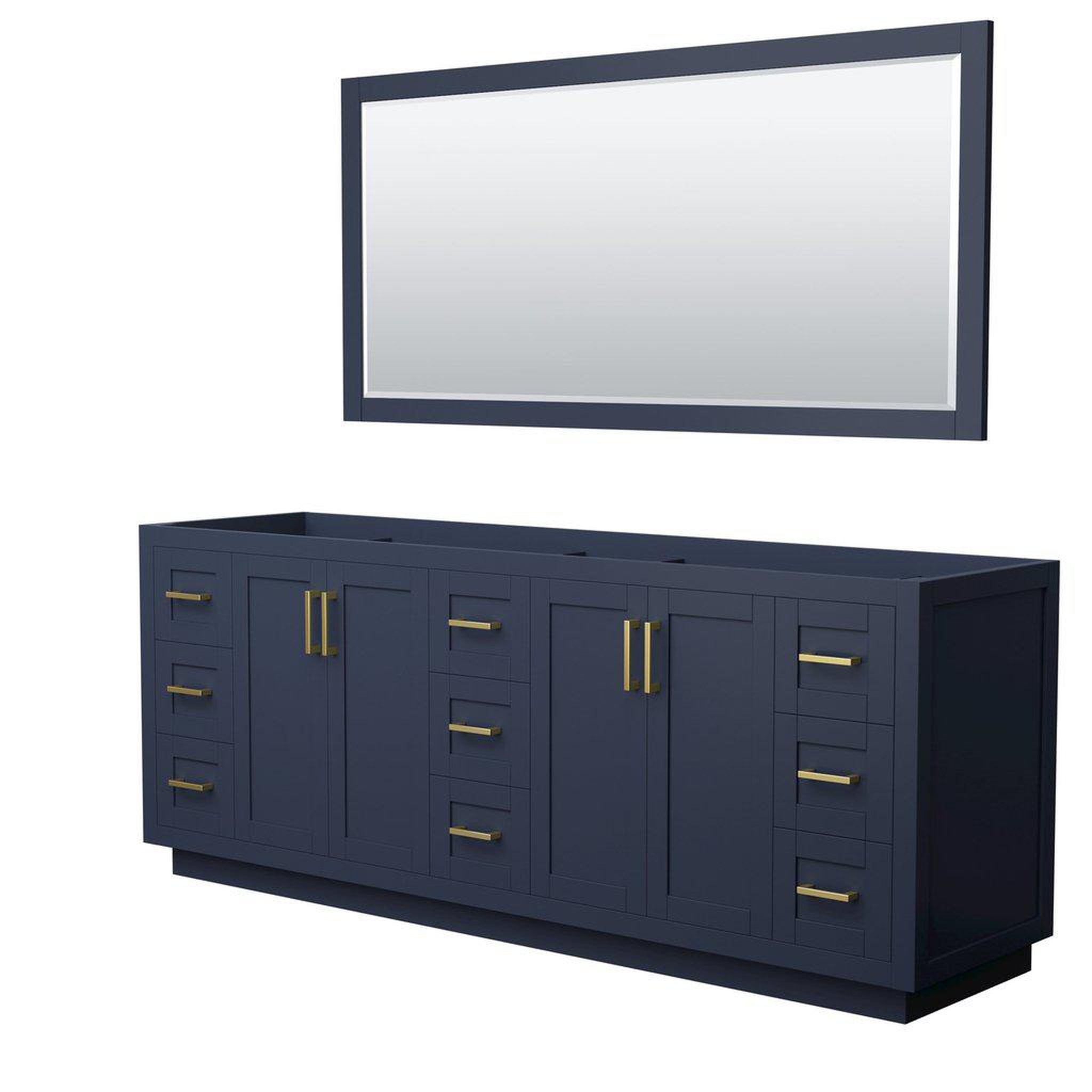 Wyndham Collection, Wyndham Collection Miranda 84" Double Bathroom Dark Blue Vanity Set With 70" Mirror And Brushed Gold Trim