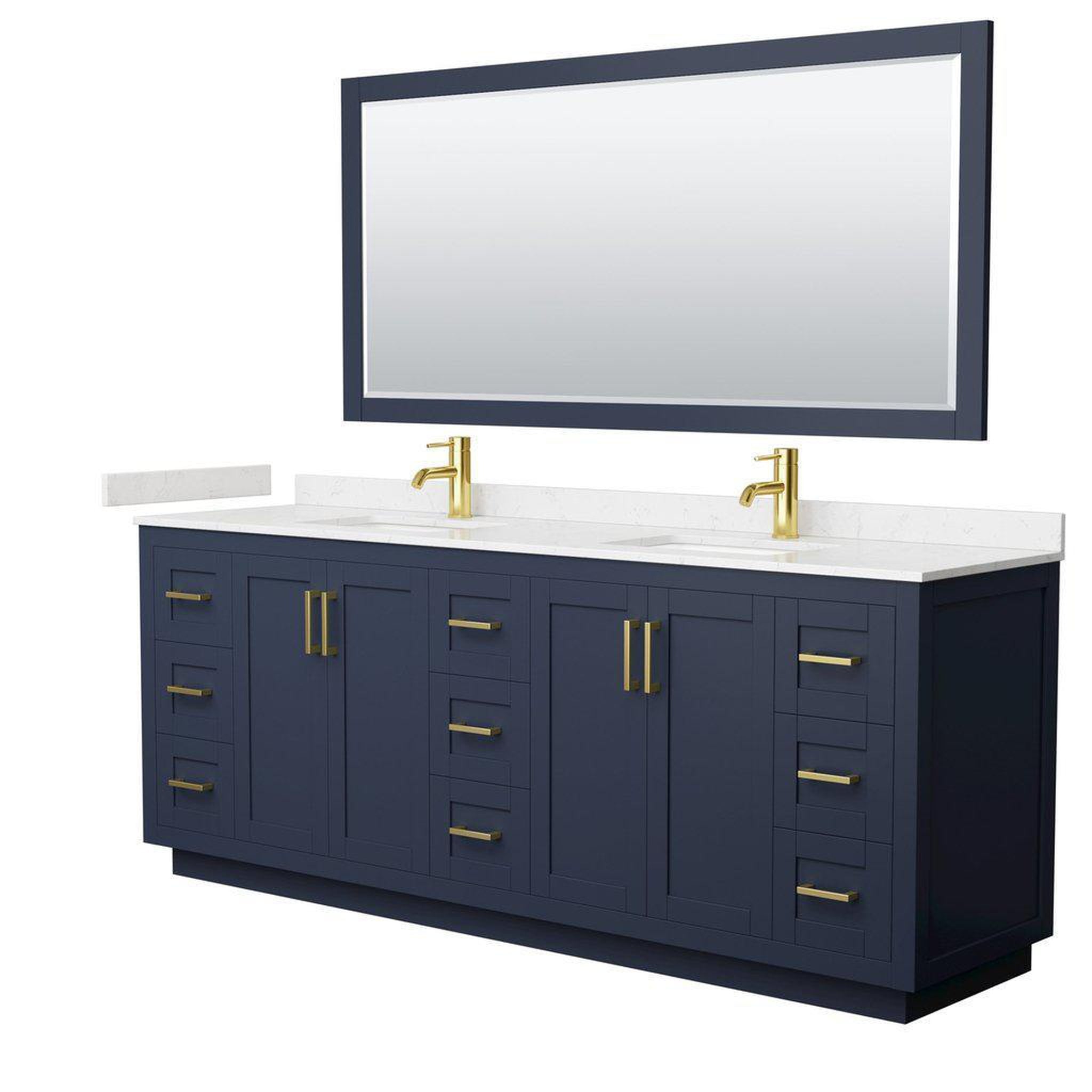 Wyndham Collection, Wyndham Collection Miranda 84" Double Bathroom Dark Blue Vanity Set With Light-Vein Carrara Cultured Marble Countertop, Undermount Square Sink, 70" Mirror And Brushed Gold Trim