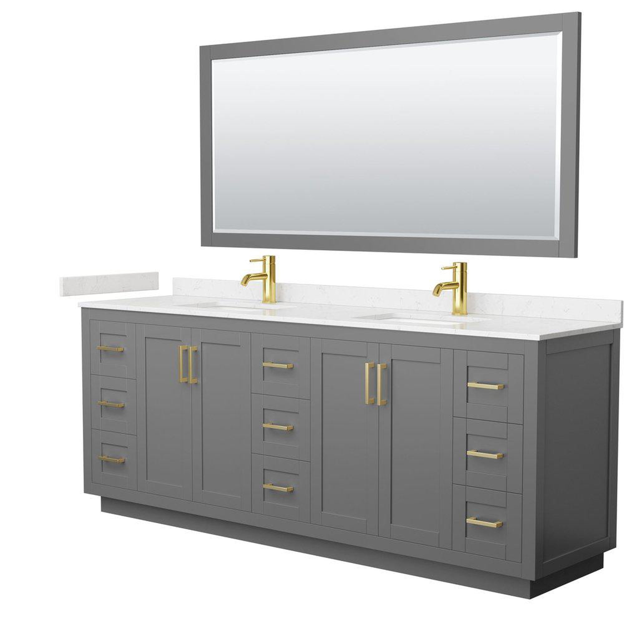 Wyndham Collection, Wyndham Collection Miranda 84" Double Bathroom Dark Gray Vanity Set With Light-Vein Carrara Cultured Marble Countertop, Undermount Square Sink, 70" Mirror And Brushed Gold Trim