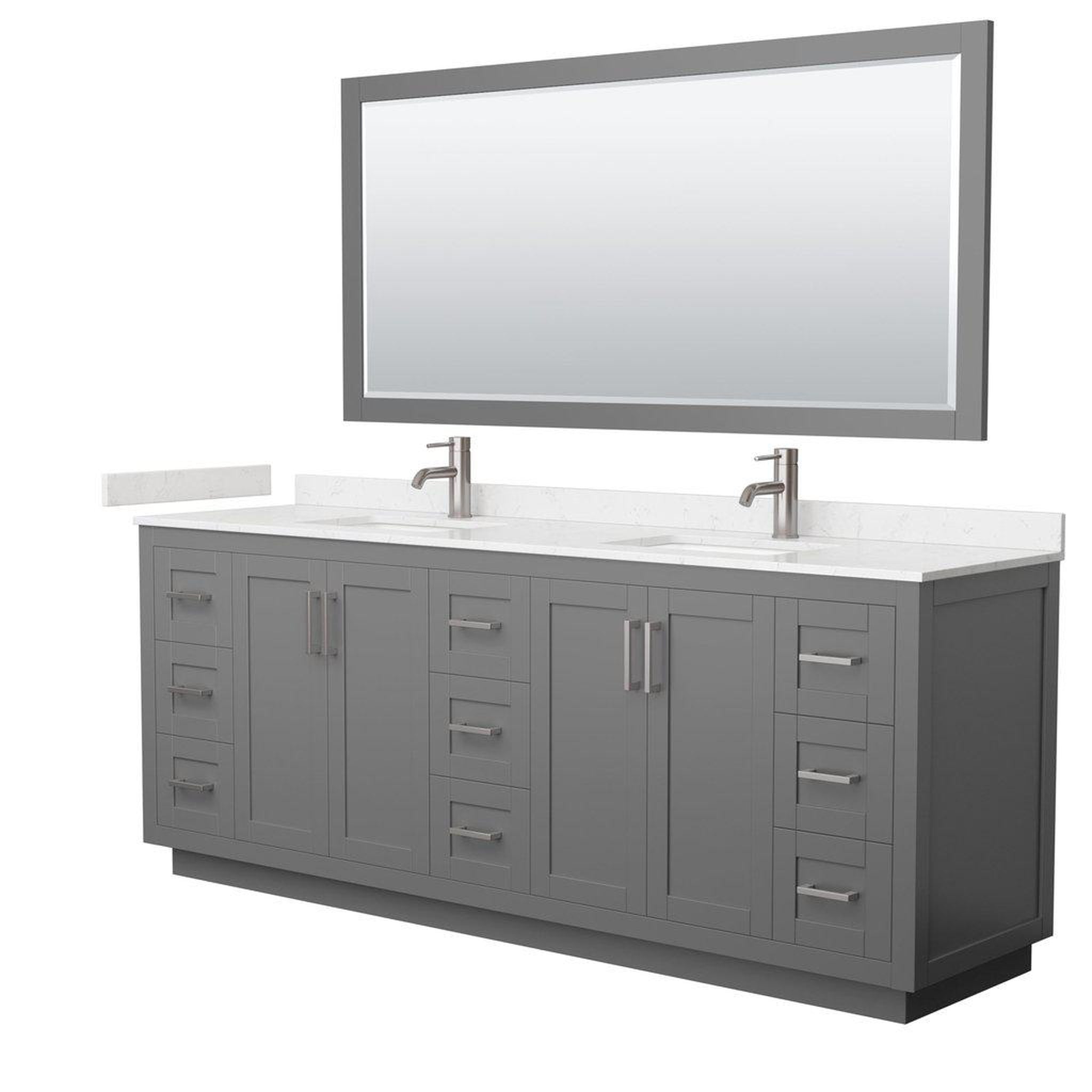 Wyndham Collection, Wyndham Collection Miranda 84" Double Bathroom Dark Gray Vanity Set With Light-Vein Carrara Cultured Marble Countertop, Undermount Square Sink, 70" Mirror And Brushed Nickel Trim