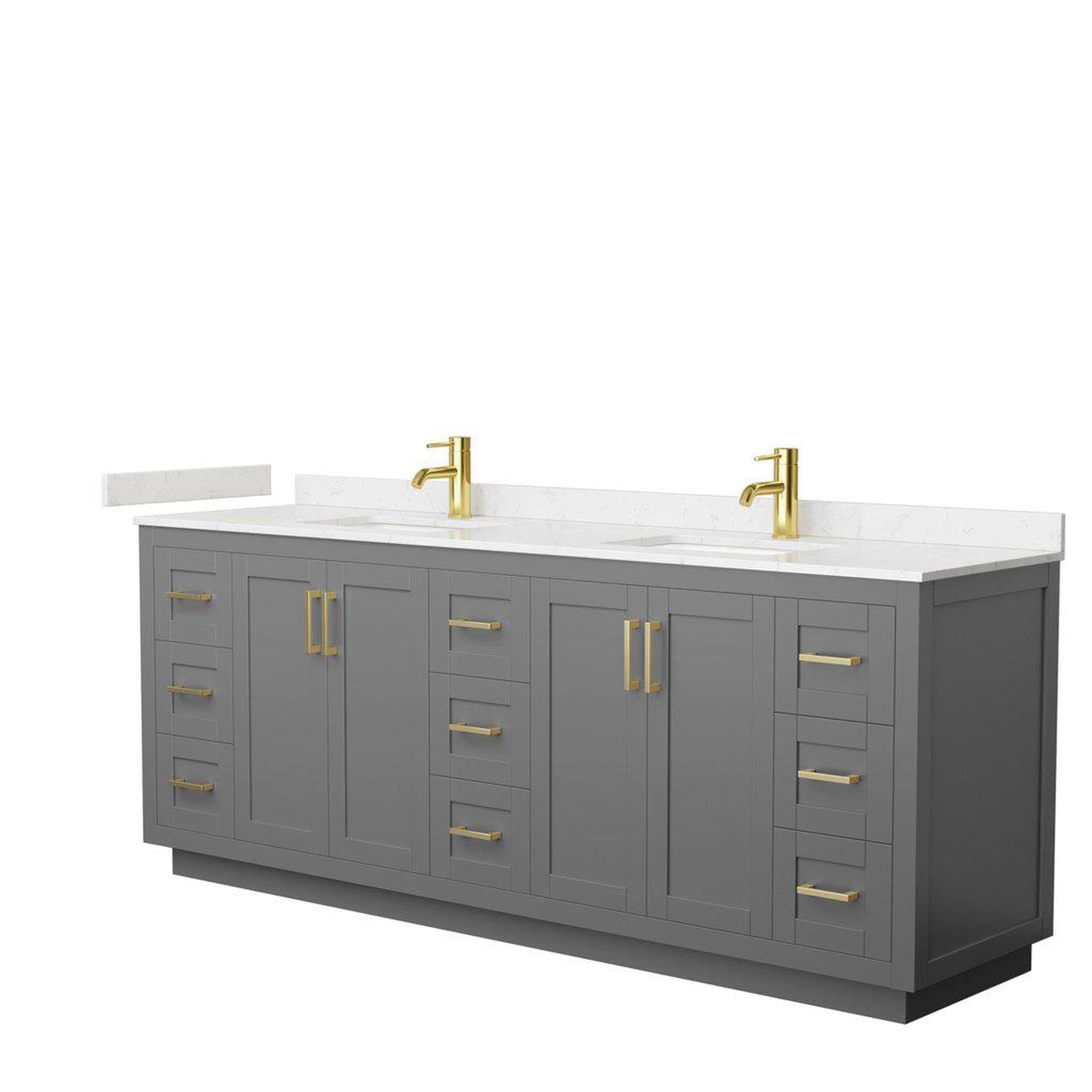 Wyndham Collection, Wyndham Collection Miranda 84" Double Bathroom Dark Gray Vanity Set With Light-Vein Carrara Cultured Marble Countertop, Undermount Square Sink, And Brushed Gold Trim