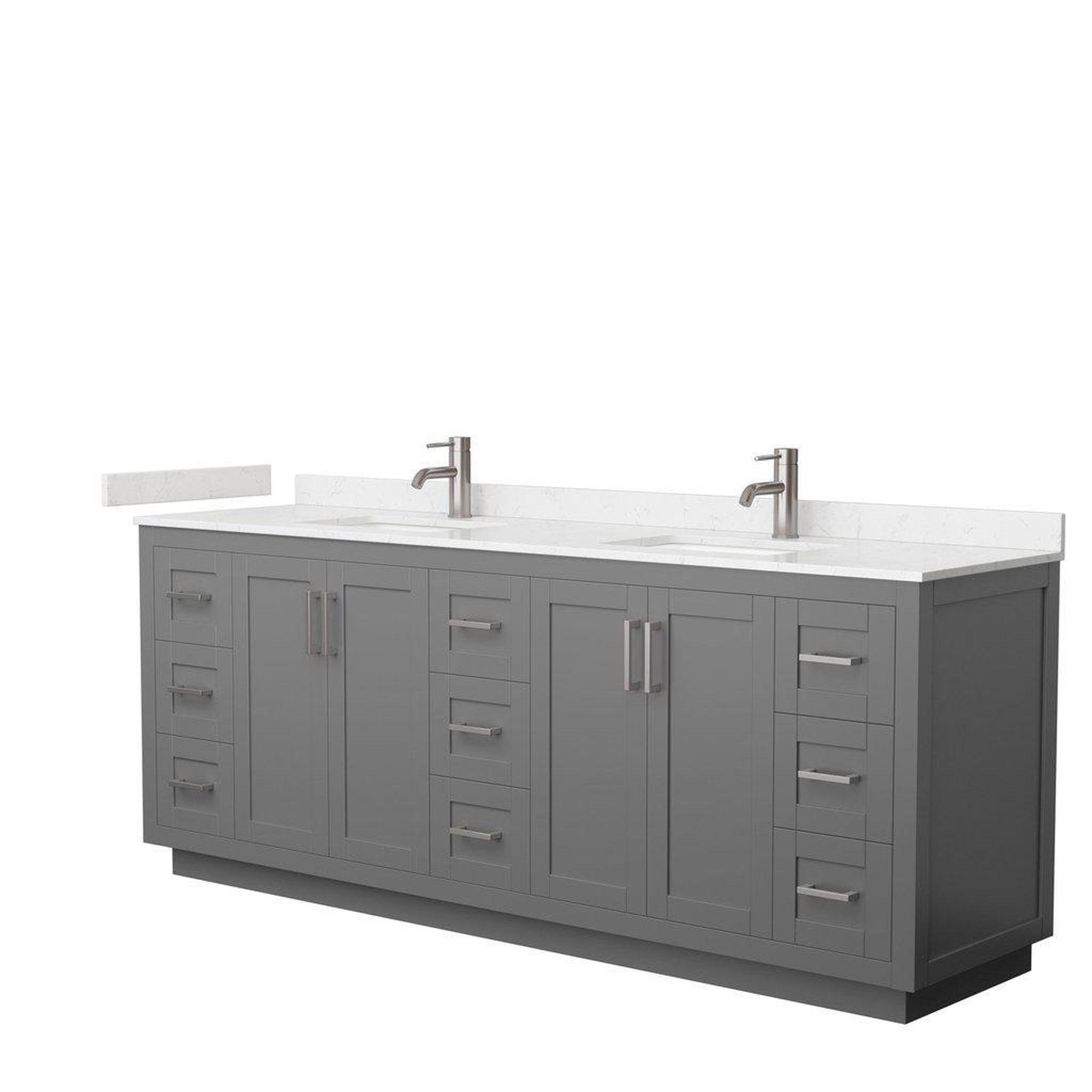 Wyndham Collection, Wyndham Collection Miranda 84" Double Bathroom Dark Gray Vanity Set With Light-Vein Carrara Cultured Marble Countertop, Undermount Square Sink, And Brushed Nickel Trim