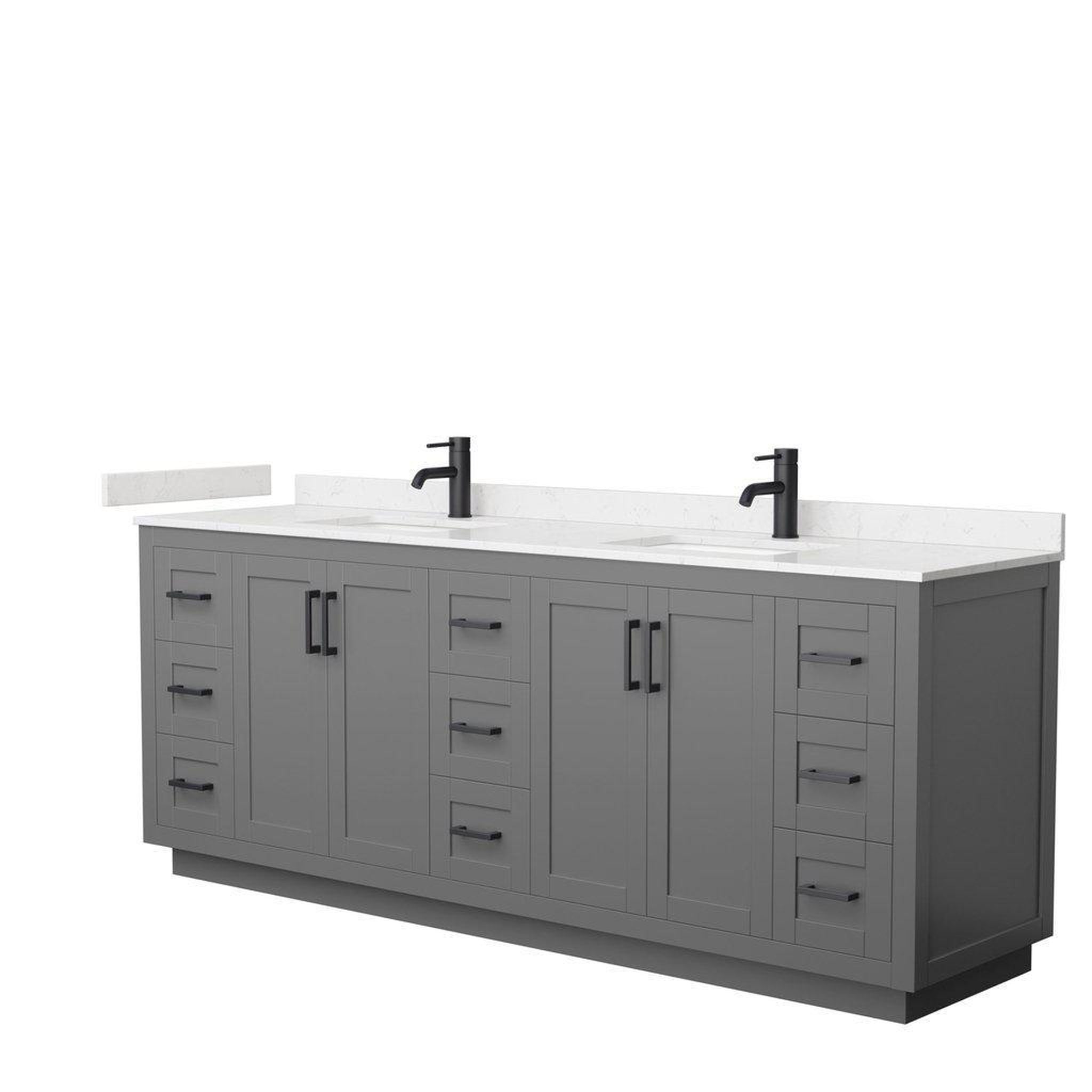 Wyndham Collection, Wyndham Collection Miranda 84" Double Bathroom Dark Gray Vanity Set With Light-Vein Carrara Cultured Marble Countertop, Undermount Square Sink, And Matte Black Trim