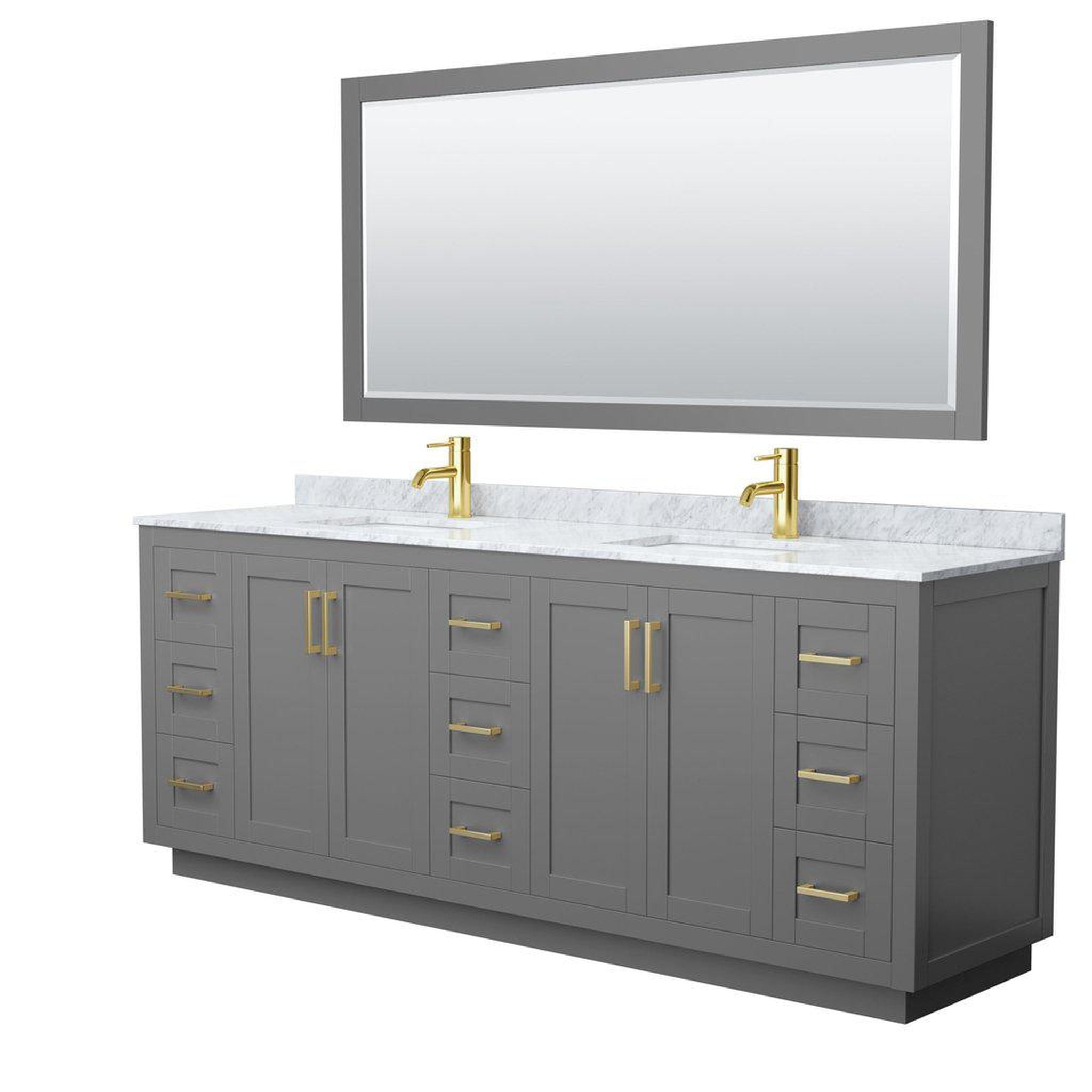 Wyndham Collection, Wyndham Collection Miranda 84" Double Bathroom Dark Gray Vanity Set With White Carrara Marble Countertop, Undermount Square Sink, 70" Mirror And Brushed Gold Trim