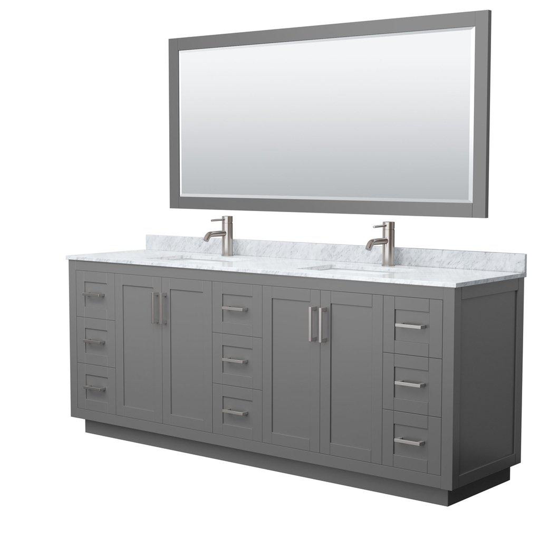 Wyndham Collection, Wyndham Collection Miranda 84" Double Bathroom Dark Gray Vanity Set With White Carrara Marble Countertop, Undermount Square Sink, 70" Mirror And Brushed Nickel Trim