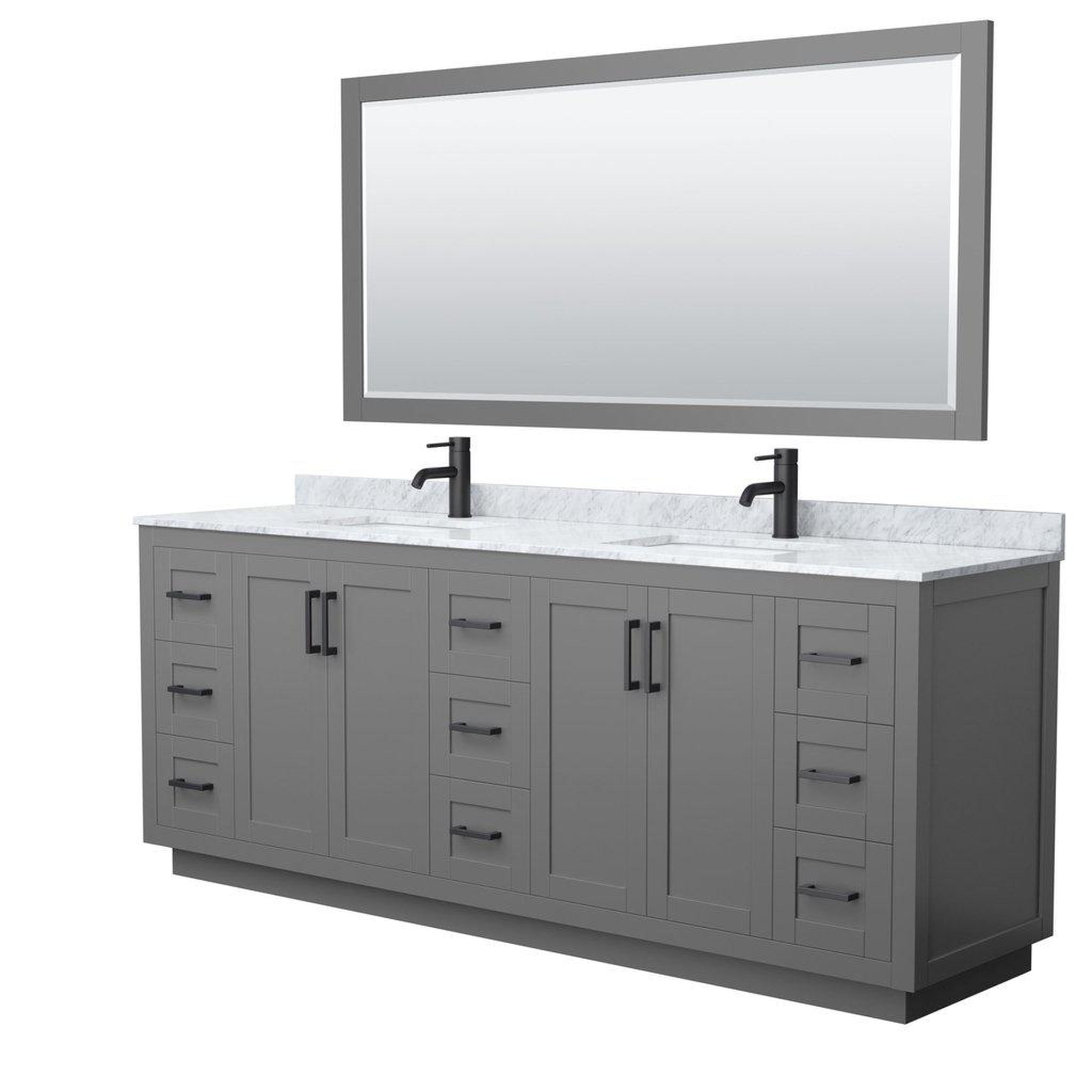 Wyndham Collection, Wyndham Collection Miranda 84" Double Bathroom Dark Gray Vanity Set With White Carrara Marble Countertop, Undermount Square Sink, 70" Mirror And Matte Black Trim