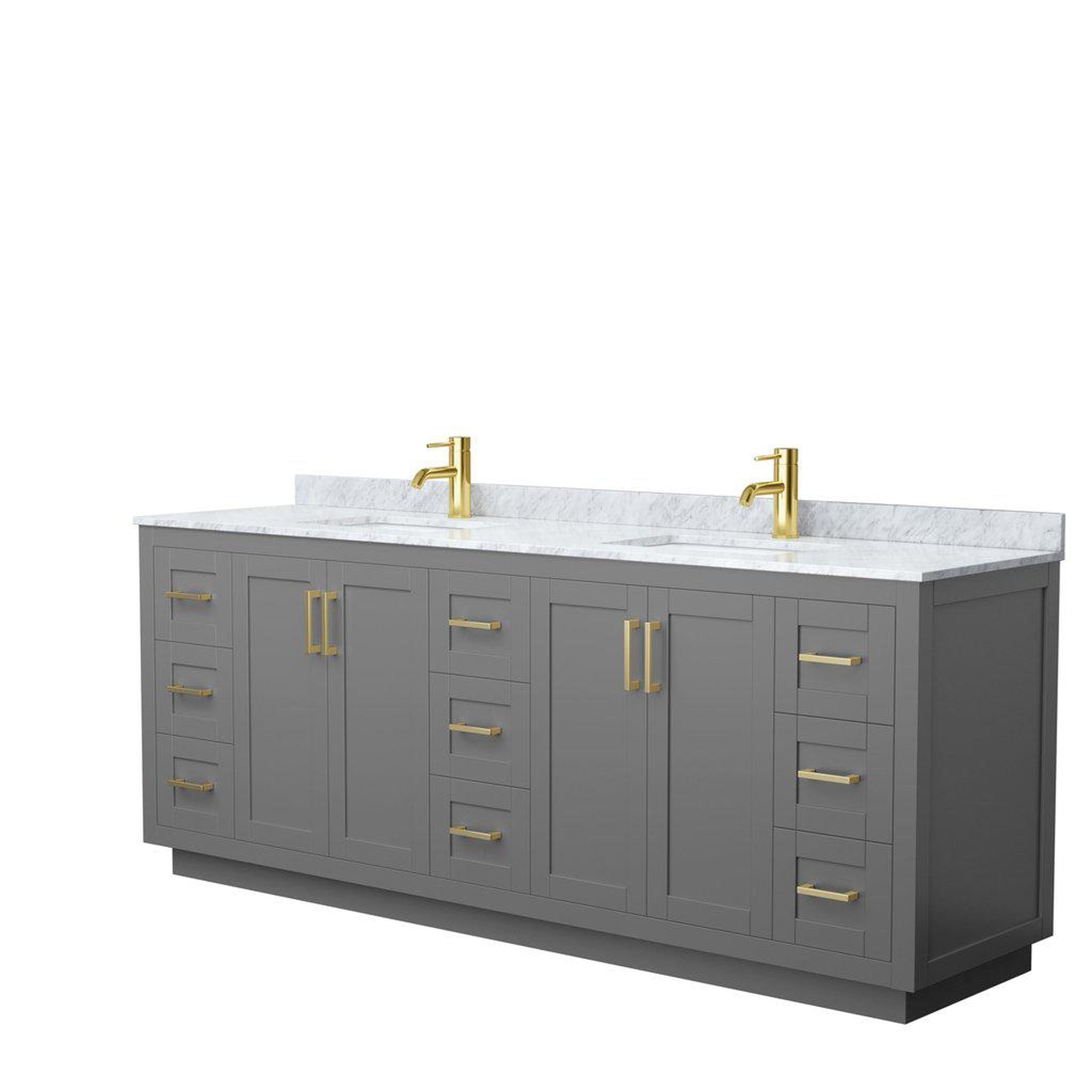 Wyndham Collection, Wyndham Collection Miranda 84" Double Bathroom Dark Gray Vanity Set With White Carrara Marble Countertop, Undermount Square Sink, And Brushed Gold Trim