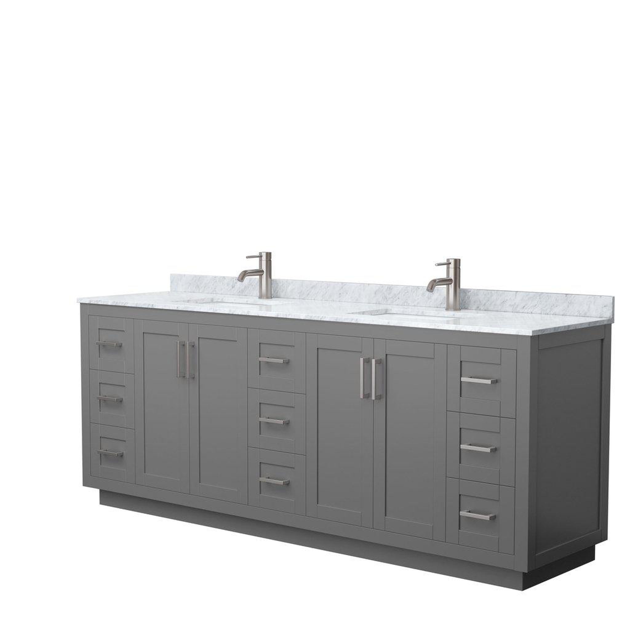 Wyndham Collection, Wyndham Collection Miranda 84" Double Bathroom Dark Gray Vanity Set With White Carrara Marble Countertop, Undermount Square Sink, And Brushed Nickel Trim