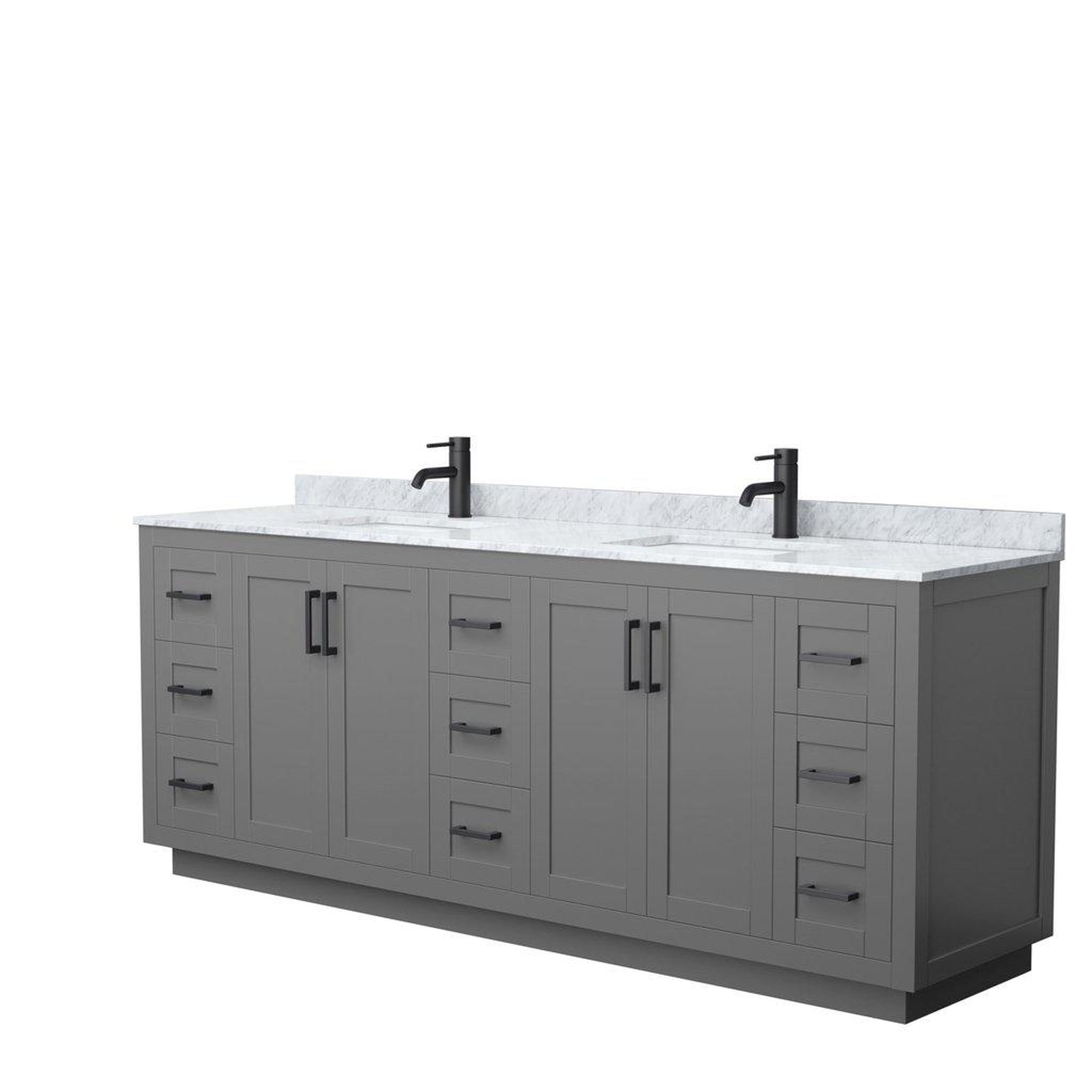 Wyndham Collection, Wyndham Collection Miranda 84" Double Bathroom Dark Gray Vanity Set With White Carrara Marble Countertop, Undermount Square Sink, And Matte Black Trim