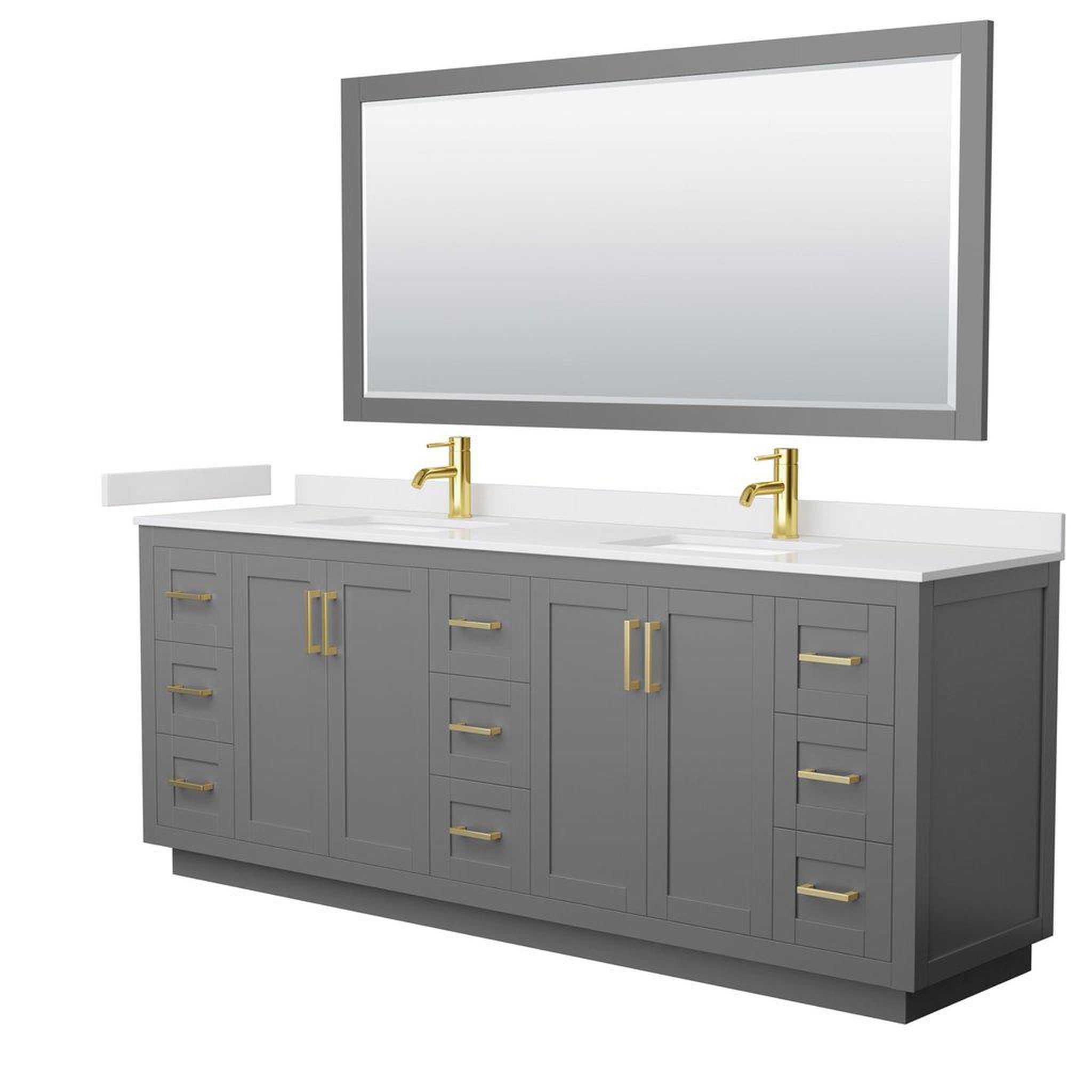 Wyndham Collection, Wyndham Collection Miranda 84" Double Bathroom Dark Gray Vanity Set With White Cultured Marble Countertop, Undermount Square Sink, 70" Mirror And Brushed Gold Trim