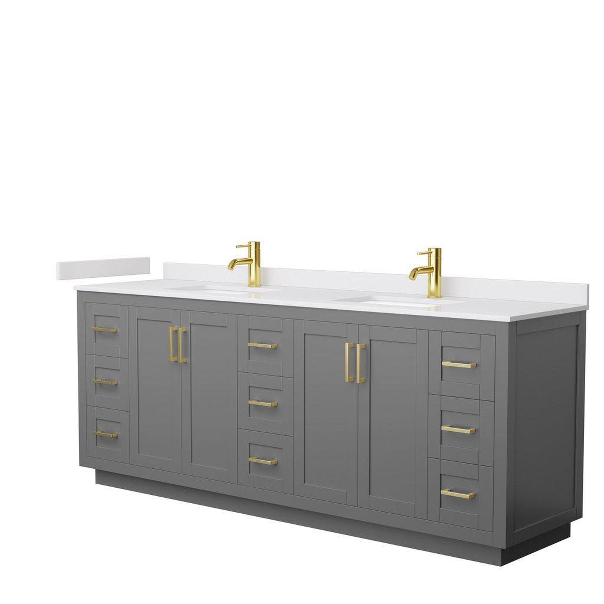 Wyndham Collection, Wyndham Collection Miranda 84" Double Bathroom Dark Gray Vanity Set With White Cultured Marble Countertop, Undermount Square Sink, And Brushed Gold Trim