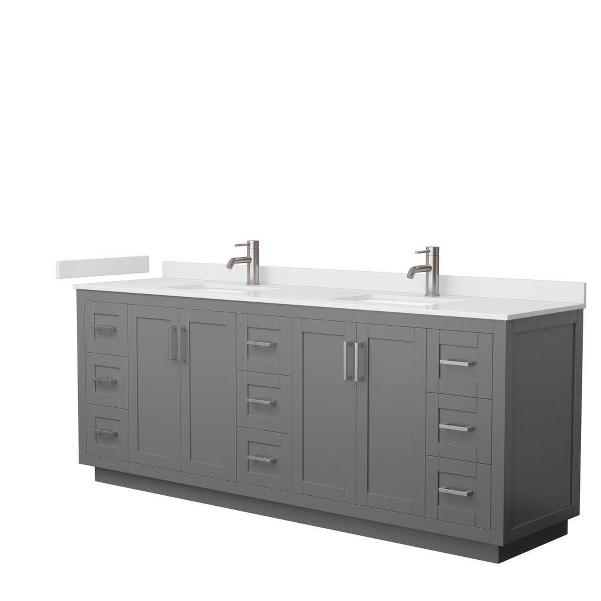 Wyndham Collection, Wyndham Collection Miranda 84" Double Bathroom Dark Gray Vanity Set With White Cultured Marble Countertop, Undermount Square Sink, And Brushed Nickel Trim