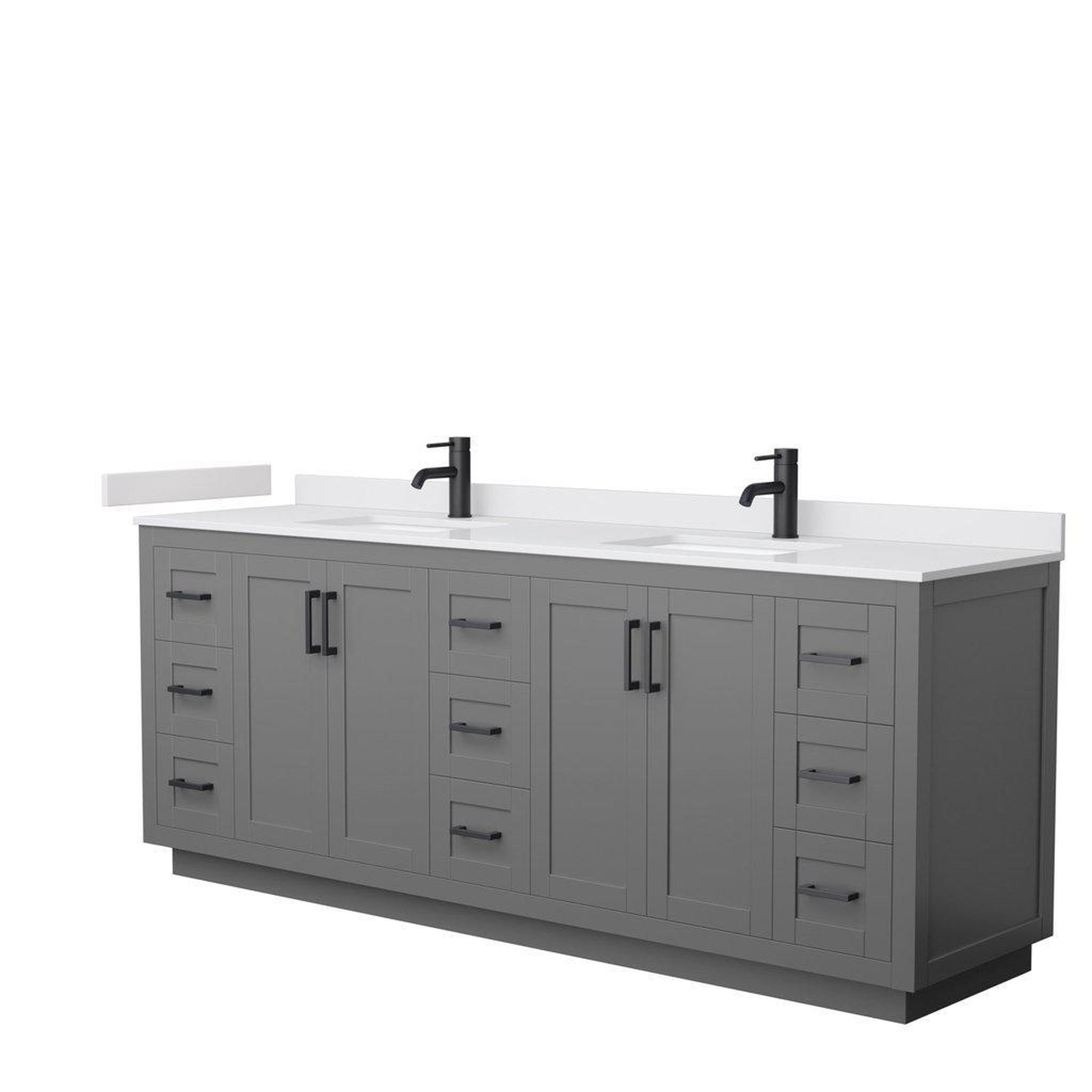 Wyndham Collection, Wyndham Collection Miranda 84" Double Bathroom Dark Gray Vanity Set With White Cultured Marble Countertop, Undermount Square Sink, And Matte Black Trim