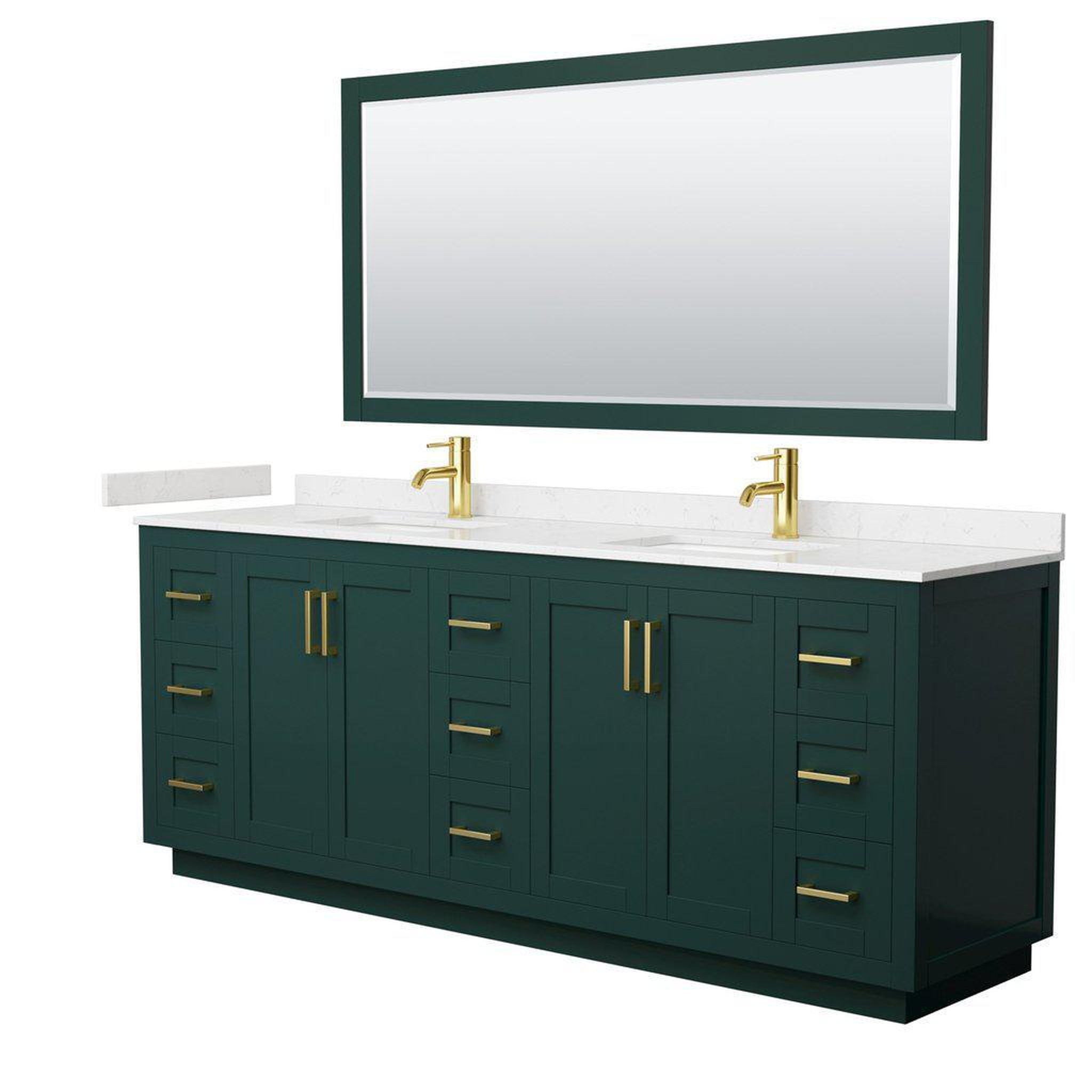 Wyndham Collection, Wyndham Collection Miranda 84" Double Bathroom Green Vanity Set With Light-Vein Carrara Cultured Marble Countertop, Undermount Square Sink, 70" Mirror And Brushed Gold Trim