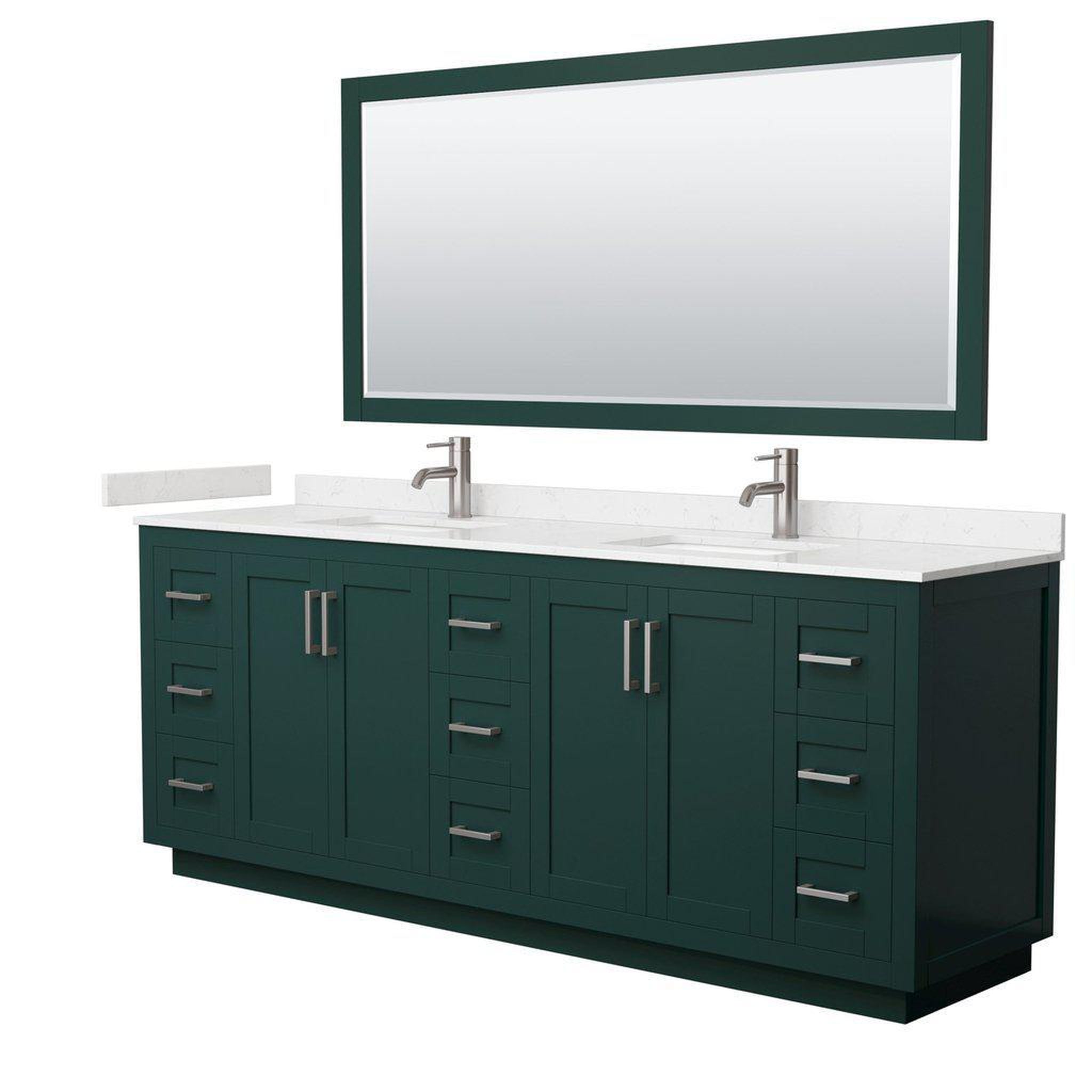 Wyndham Collection, Wyndham Collection Miranda 84" Double Bathroom Green Vanity Set With Light-Vein Carrara Cultured Marble Countertop, Undermount Square Sink, 70" Mirror And Brushed Nickel Trim