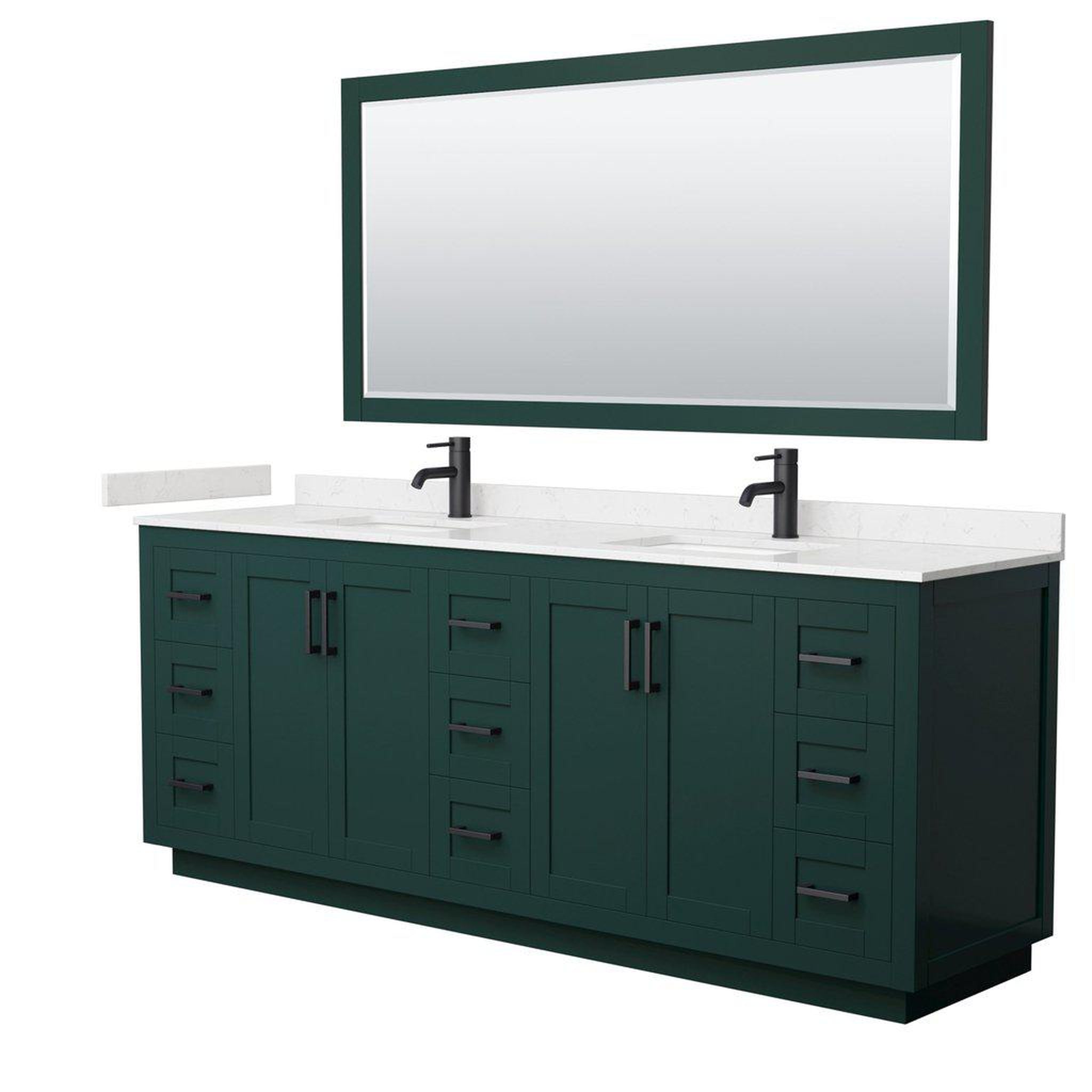 Wyndham Collection, Wyndham Collection Miranda 84" Double Bathroom Green Vanity Set With Light-Vein Carrara Cultured Marble Countertop, Undermount Square Sink, 70" Mirror And Matte Black Trim