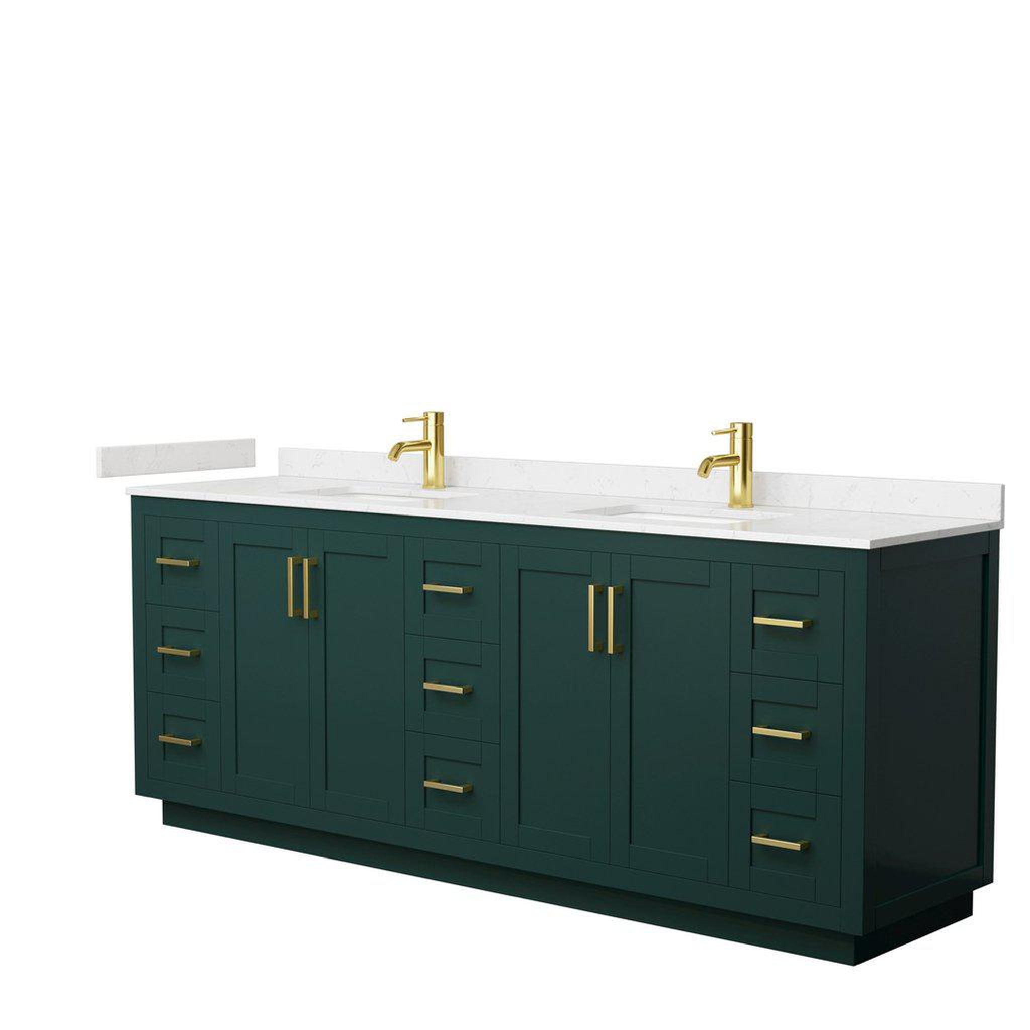 Wyndham Collection, Wyndham Collection Miranda 84" Double Bathroom Green Vanity Set With Light-Vein Carrara Cultured Marble Countertop, Undermount Square Sink, And Brushed Gold Trim