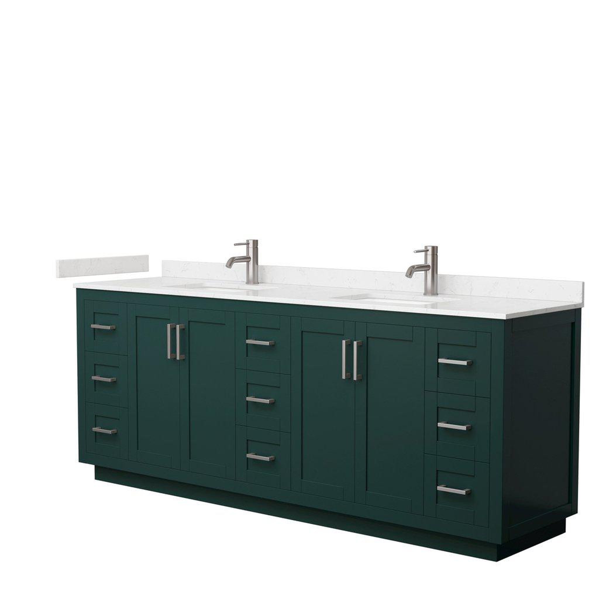 Wyndham Collection, Wyndham Collection Miranda 84" Double Bathroom Green Vanity Set With Light-Vein Carrara Cultured Marble Countertop, Undermount Square Sink, And Brushed Nickel Trim