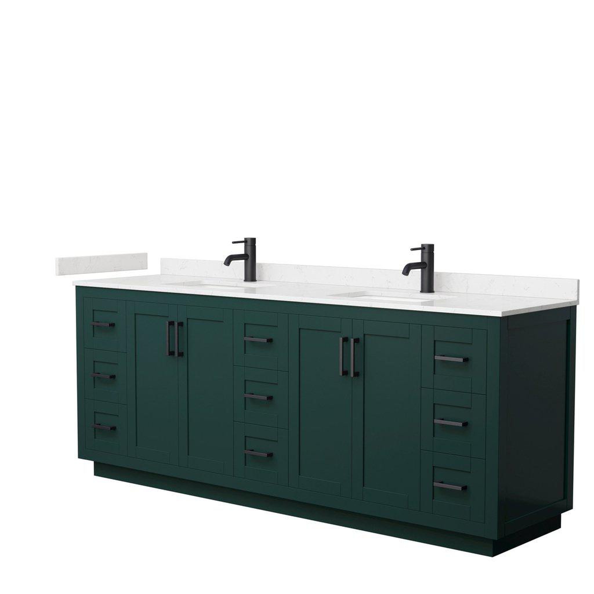 Wyndham Collection, Wyndham Collection Miranda 84" Double Bathroom Green Vanity Set With Light-Vein Carrara Cultured Marble Countertop, Undermount Square Sink, And Matte Black Trim