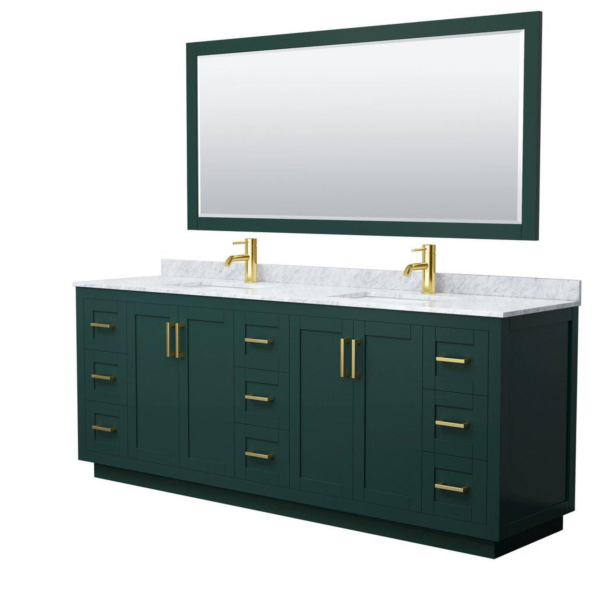 Wyndham Collection, Wyndham Collection Miranda 84" Double Bathroom Green Vanity Set With White Carrara Marble Countertop, Undermount Square Sink, 70" Mirror And Brushed Gold Trim