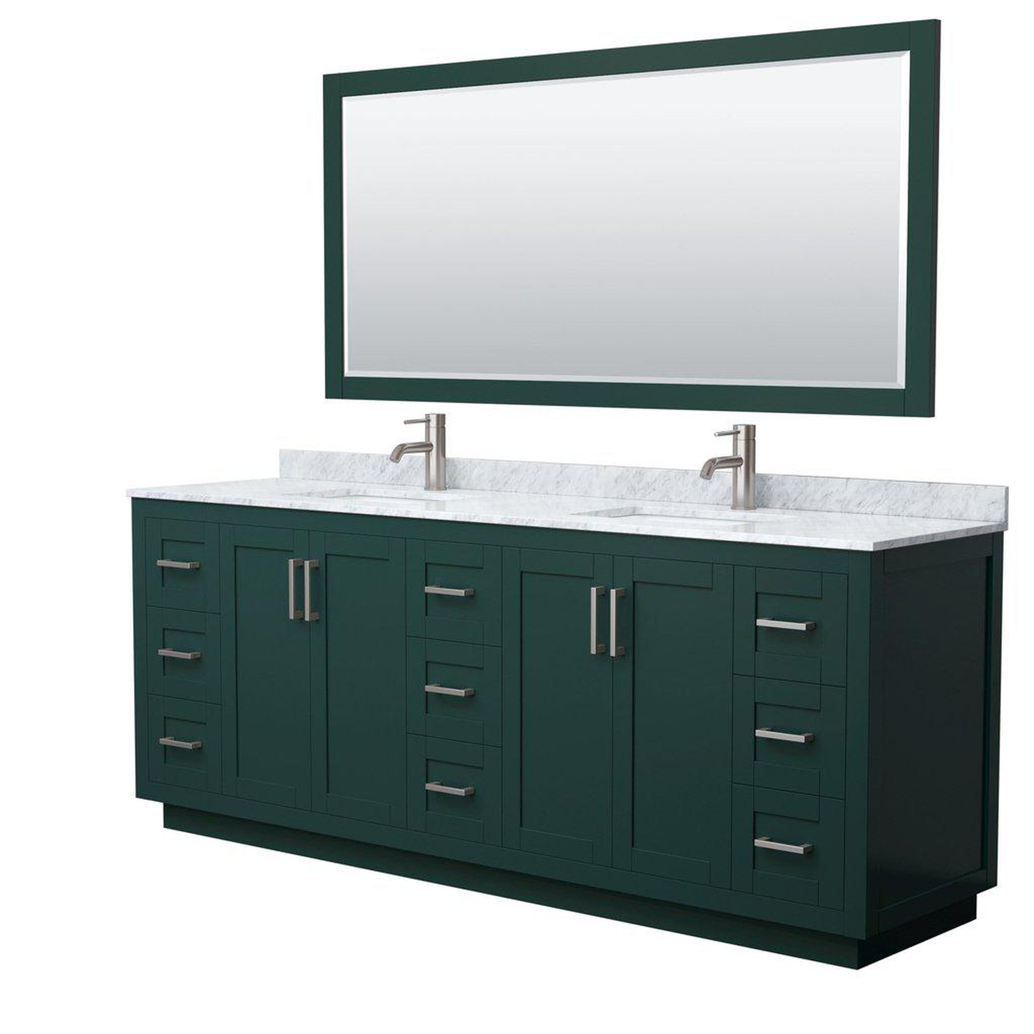 Wyndham Collection, Wyndham Collection Miranda 84" Double Bathroom Green Vanity Set With White Carrara Marble Countertop, Undermount Square Sink, 70" Mirror And Brushed Nickel Trim