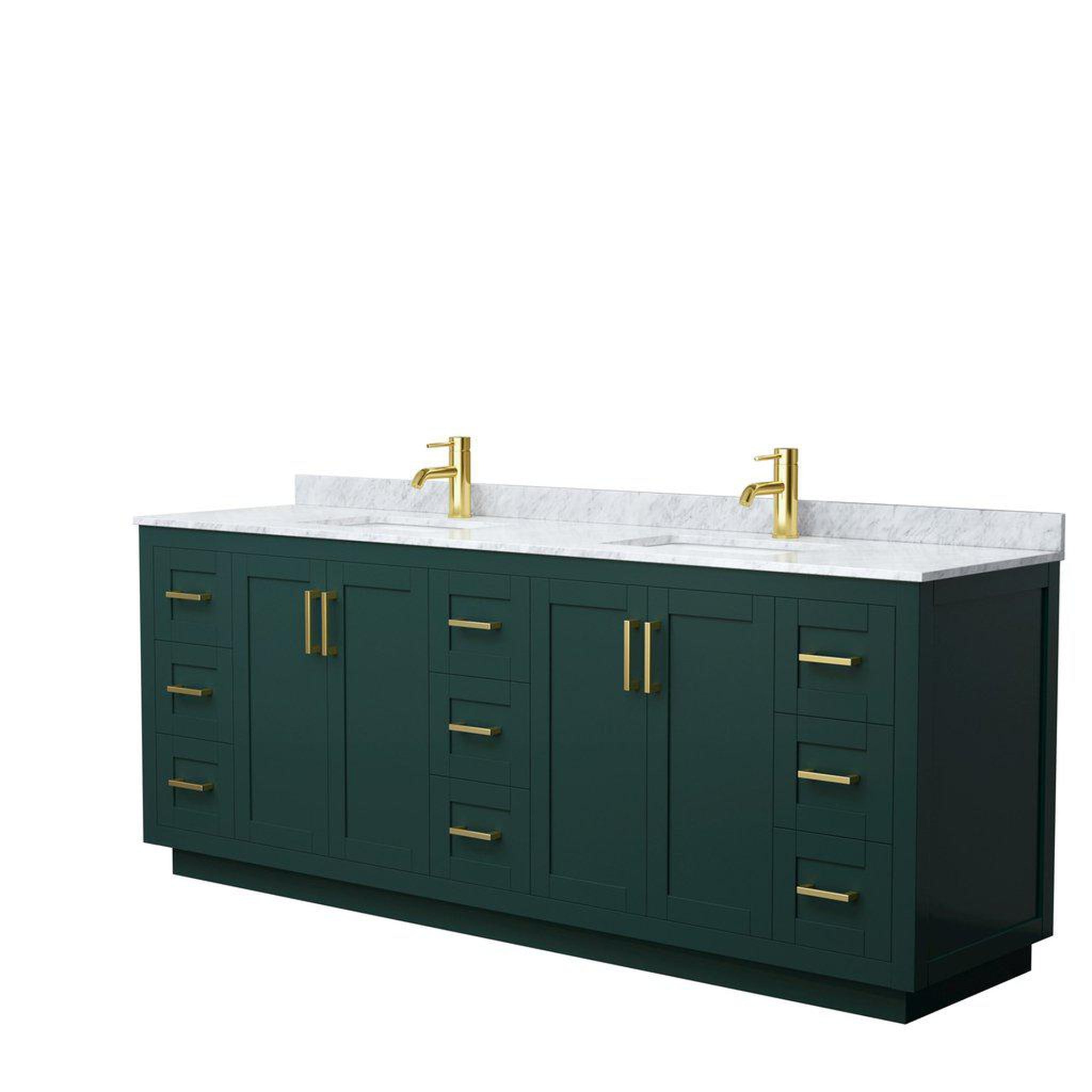 Wyndham Collection, Wyndham Collection Miranda 84" Double Bathroom Green Vanity Set With White Carrara Marble Countertop, Undermount Square Sink, And Brushed Gold Trim