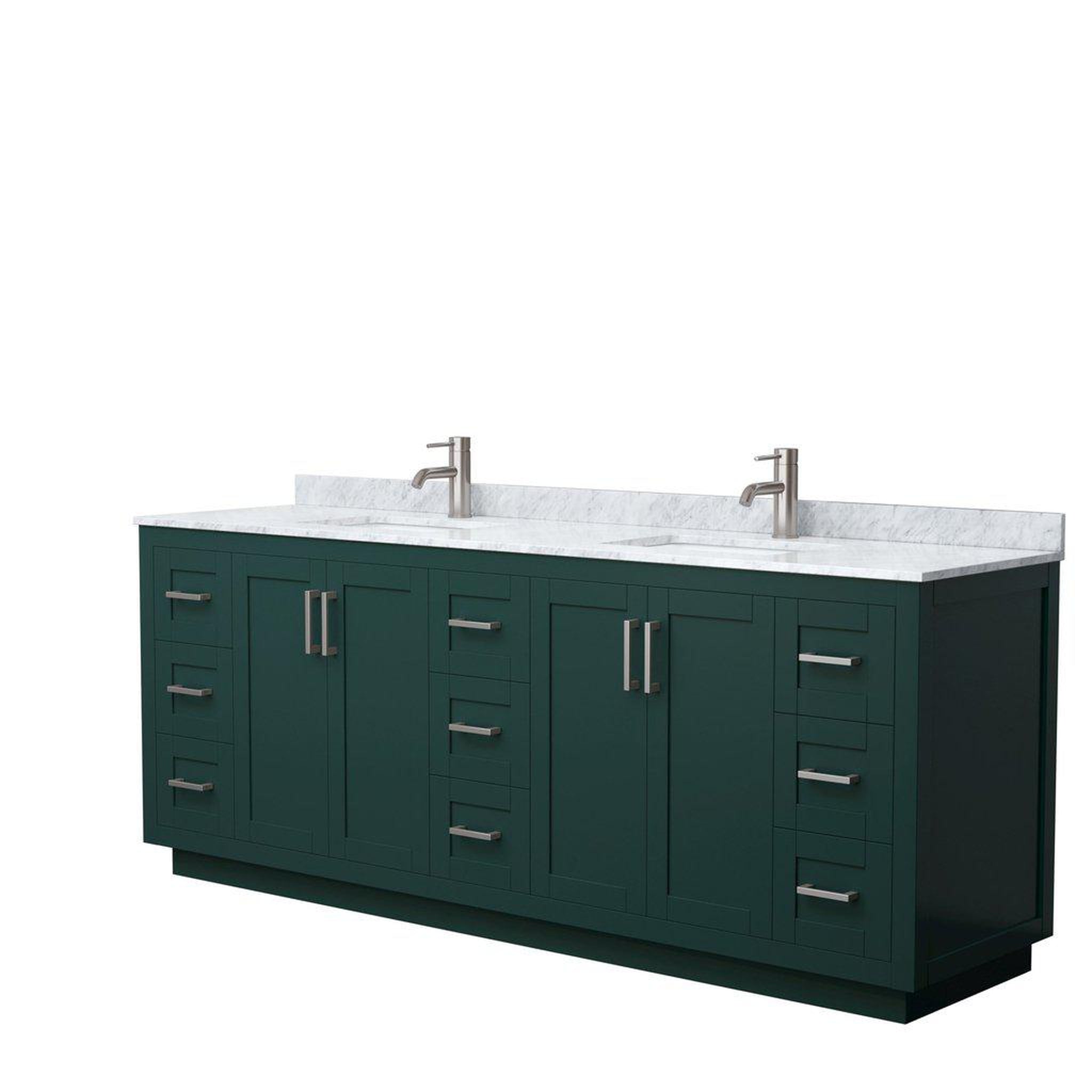 Wyndham Collection, Wyndham Collection Miranda 84" Double Bathroom Green Vanity Set With White Carrara Marble Countertop, Undermount Square Sink, And Brushed Nickel Trim