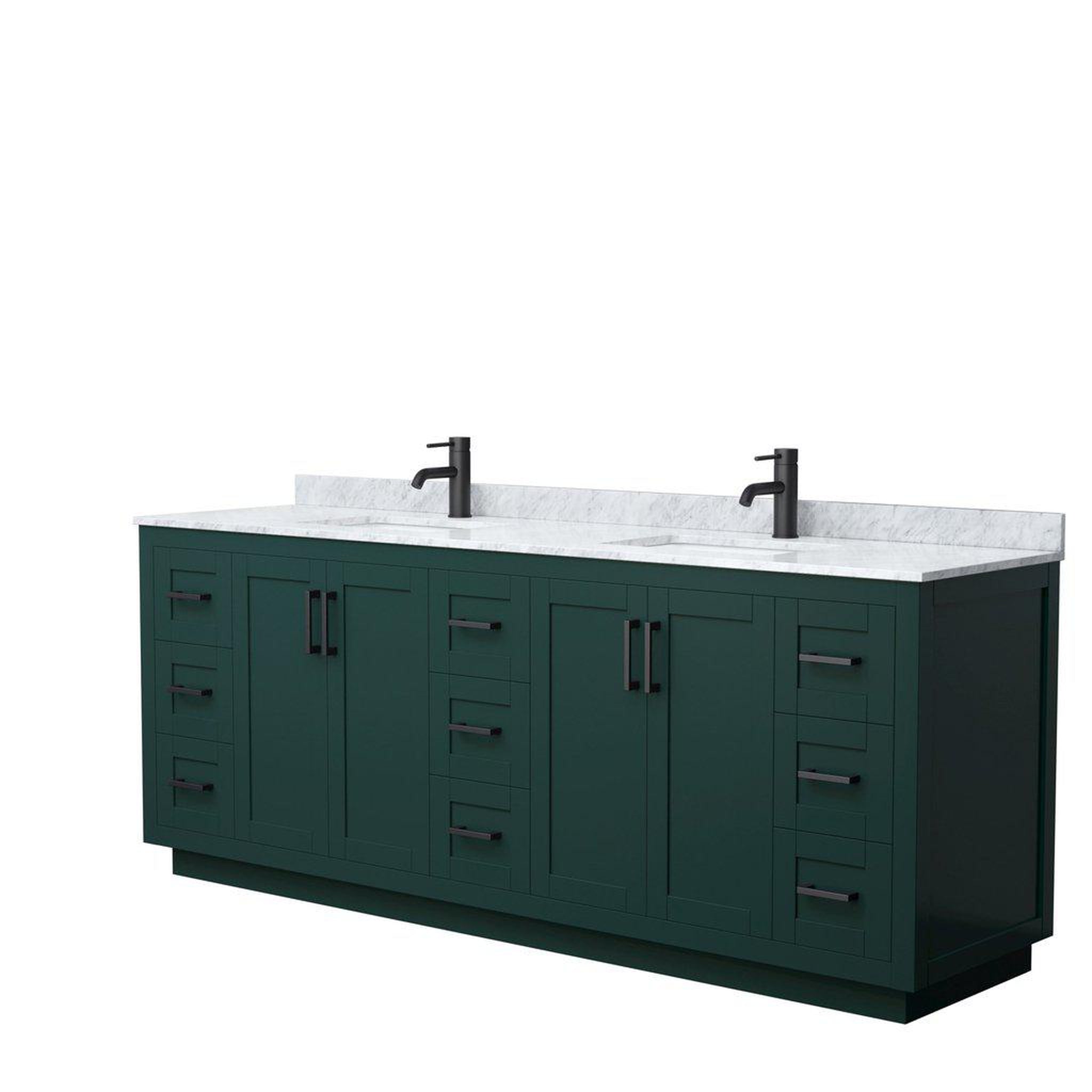 Wyndham Collection, Wyndham Collection Miranda 84" Double Bathroom Green Vanity Set With White Carrara Marble Countertop, Undermount Square Sink, And Matte Black Trim