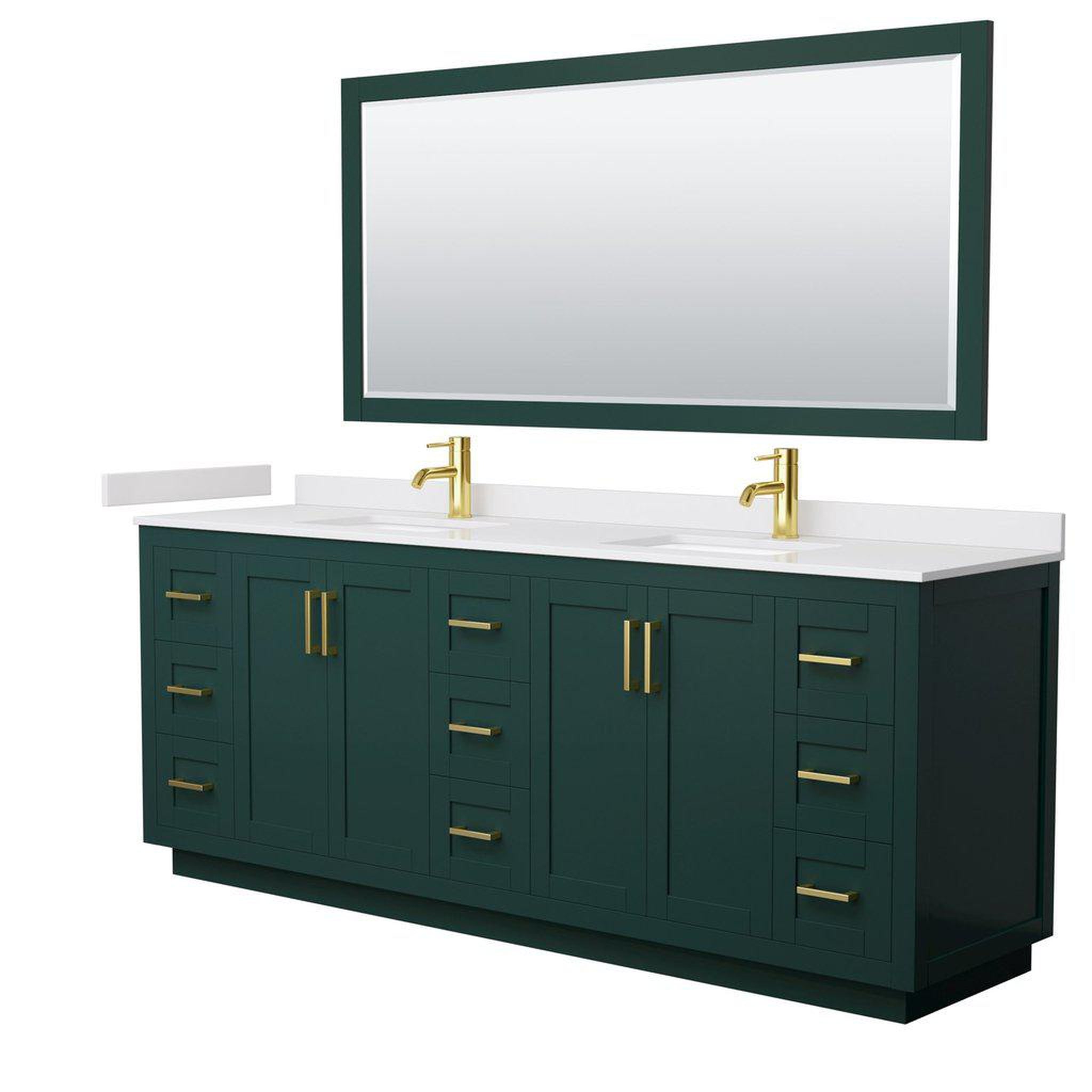 Wyndham Collection, Wyndham Collection Miranda 84" Double Bathroom Green Vanity Set With White Cultured Marble Countertop, Undermount Square Sink, 70" Mirror And Brushed Gold Trim