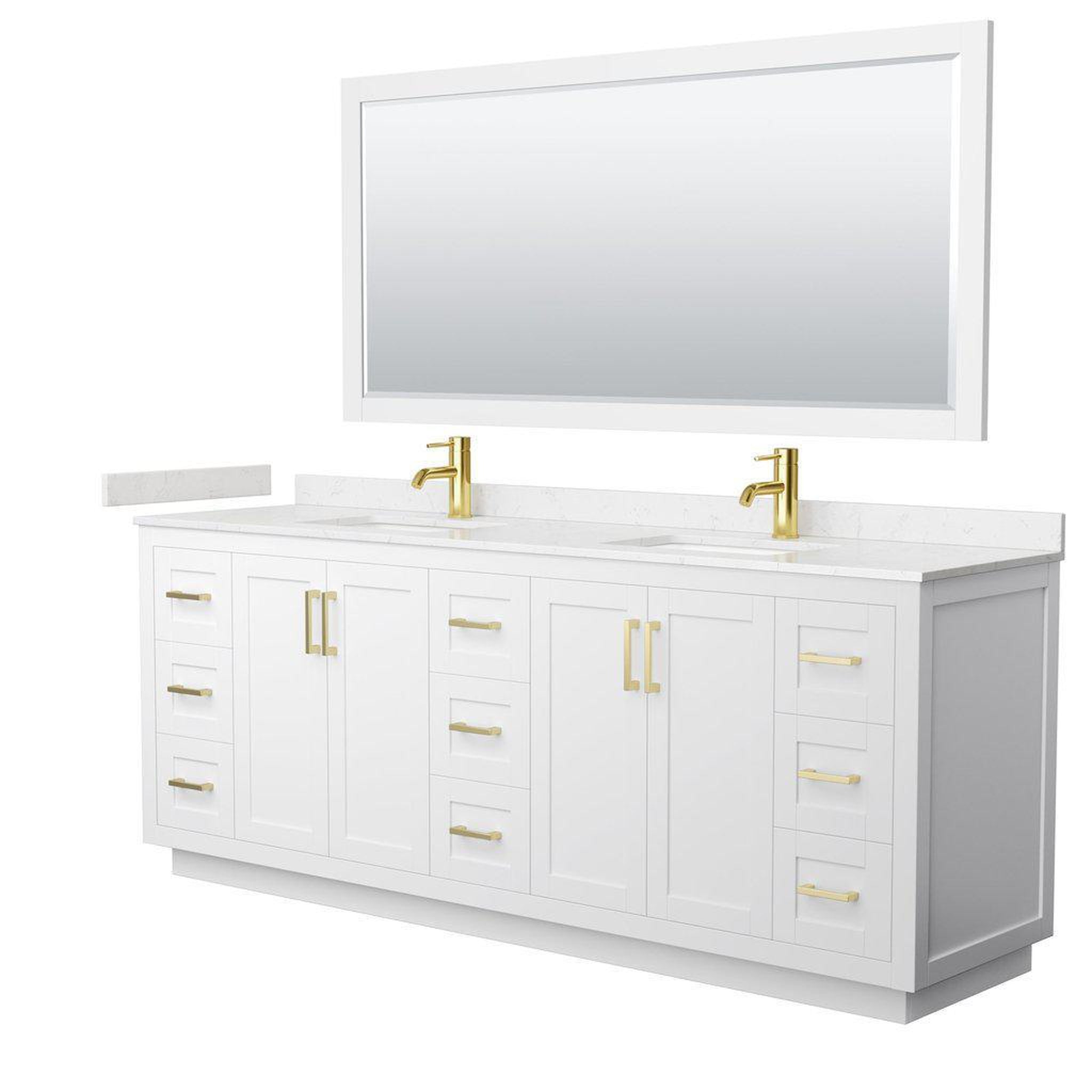 Wyndham Collection, Wyndham Collection Miranda 84" Double Bathroom White Vanity Set With Light-Vein Carrara Cultured Marble Countertop, Undermount Square Sink, 70" Mirror And Brushed Gold Trim