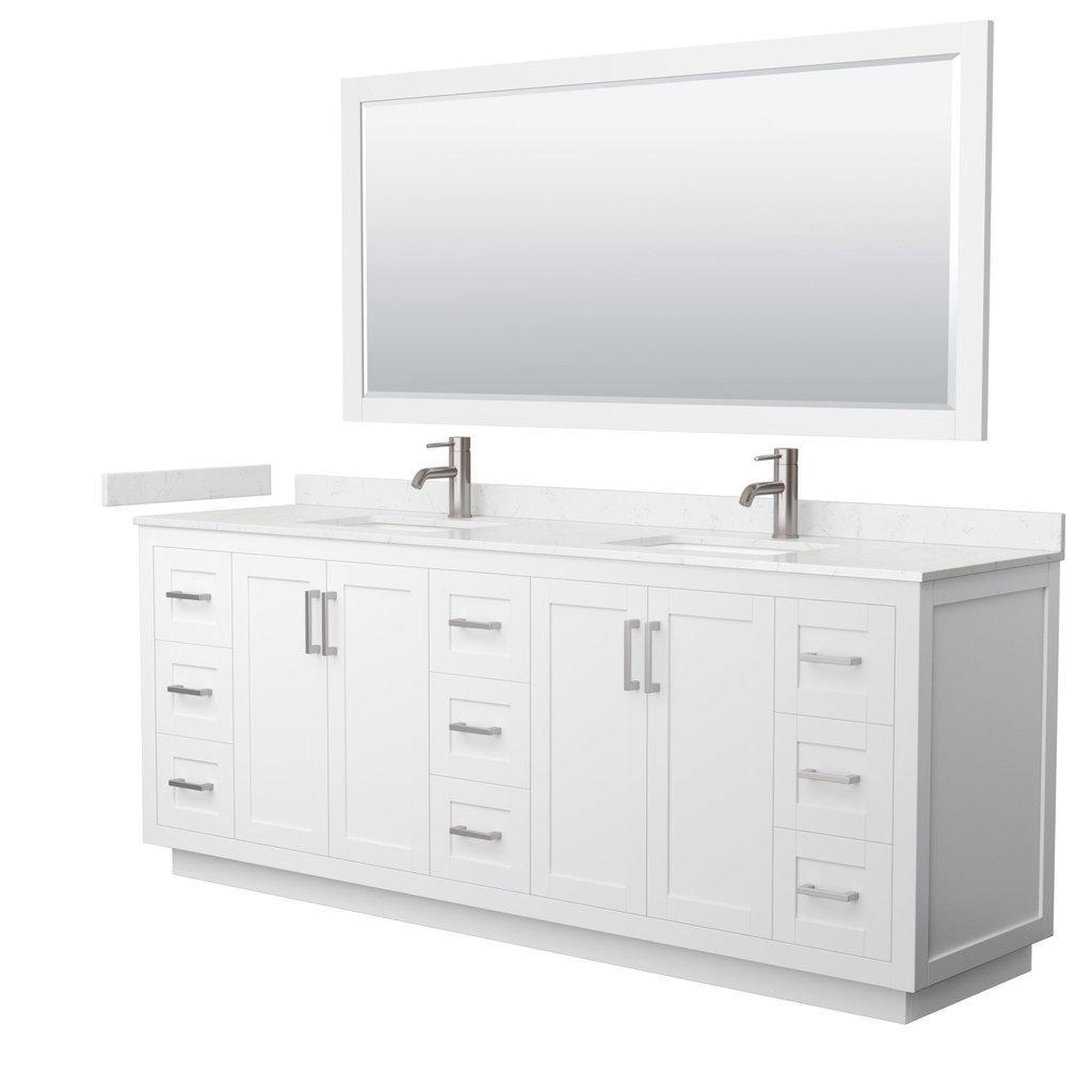 Wyndham Collection, Wyndham Collection Miranda 84" Double Bathroom White Vanity Set With Light-Vein Carrara Cultured Marble Countertop, Undermount Square Sink, 70" Mirror And Brushed Nickel Trim